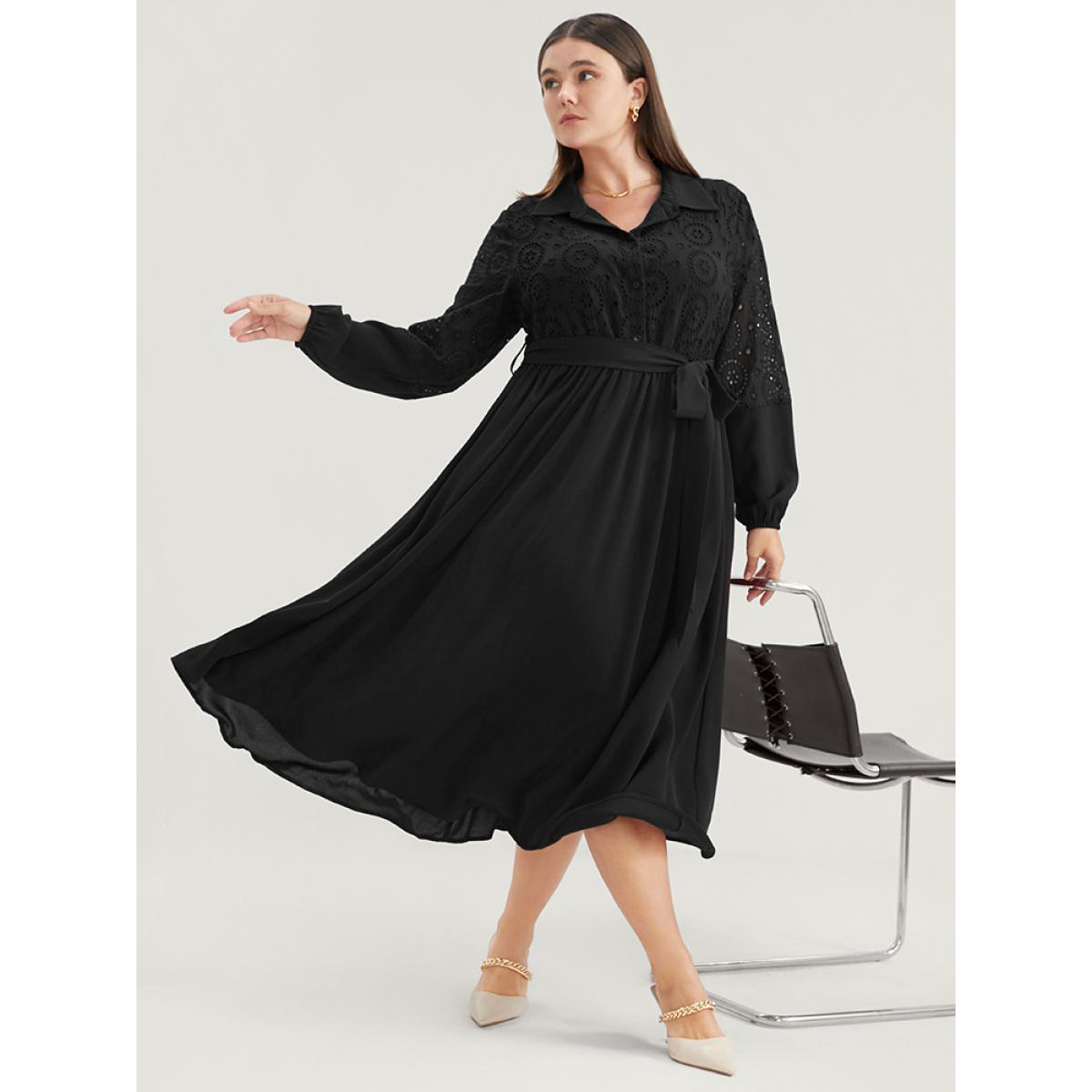 Plus Size Solid Pocket Button Detail Eyelet Lace Belted Dress Black Women Casual Patchwork Shirt collar Long Sleeve Curvy Midi Dress BloomChic 26/4X Product Image