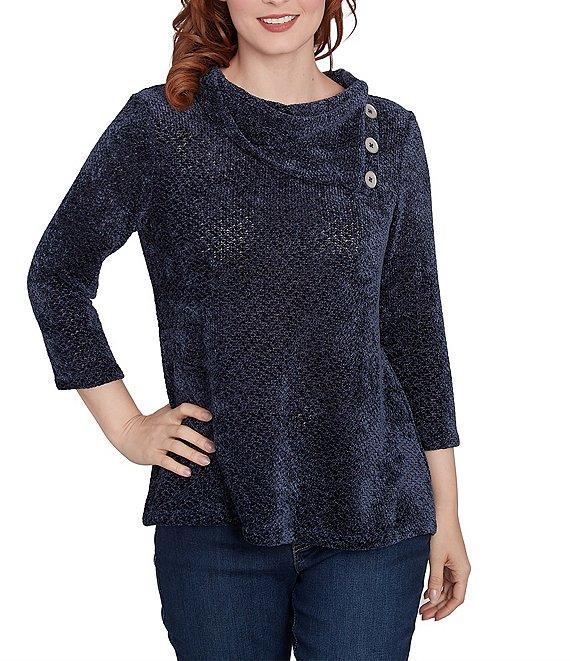 Ruby Rd. Sequin Chenille Knit Cowl Asymmetrical Neck 3/4 Sleeve Sweater Product Image