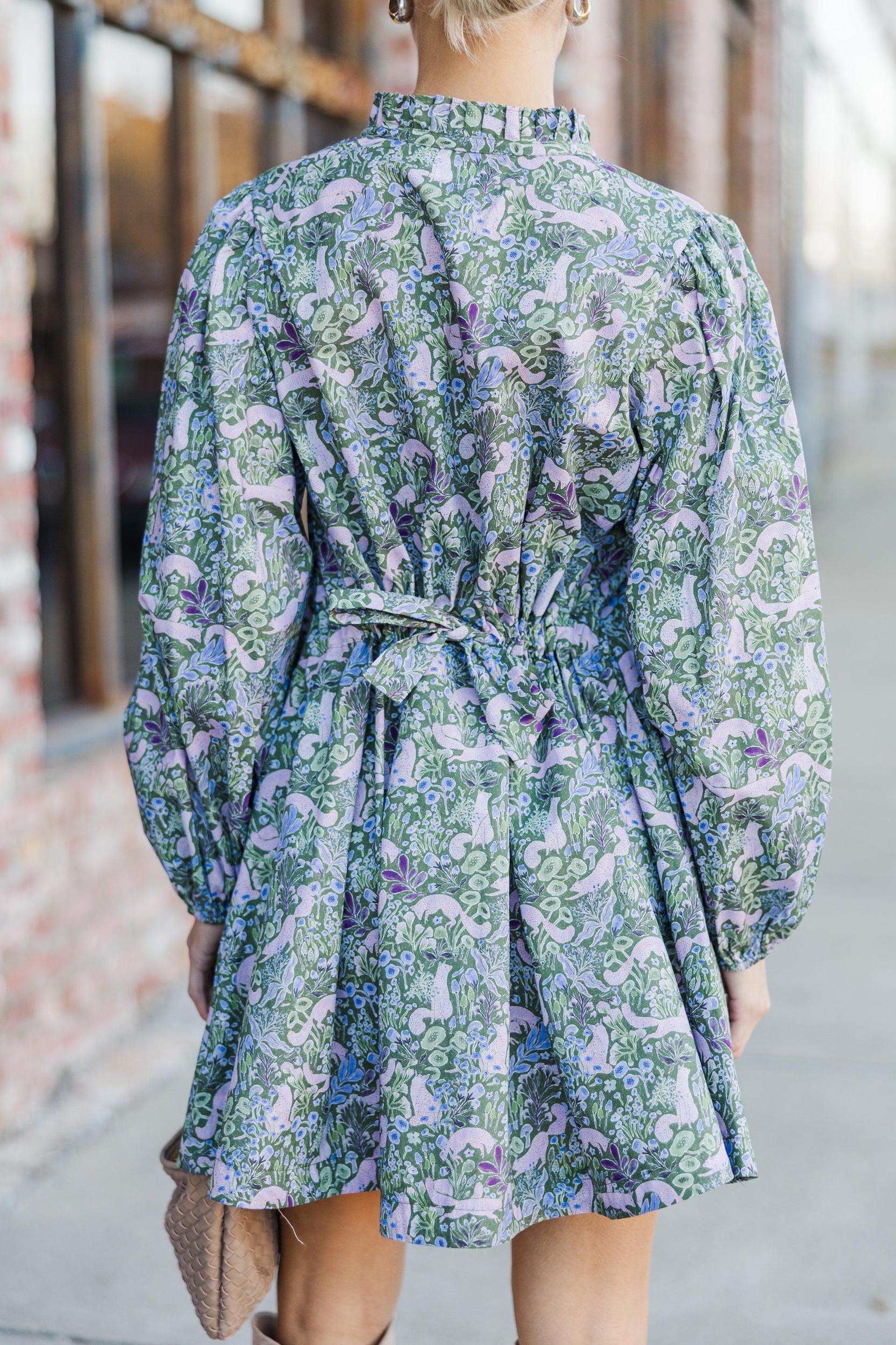 Under The Stars Green Floral Balloon Sleeve Dress Female Product Image