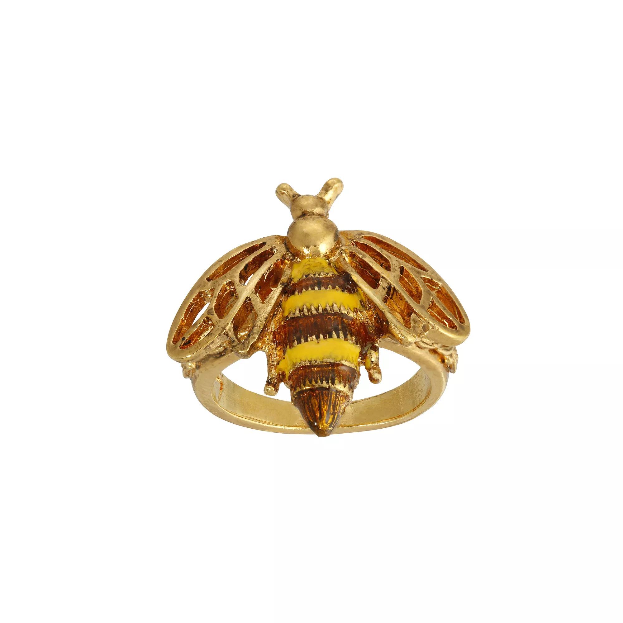 1928 Gold Tone Yellow & Brown Enamel Bee Ring - Size 7, Womens Product Image