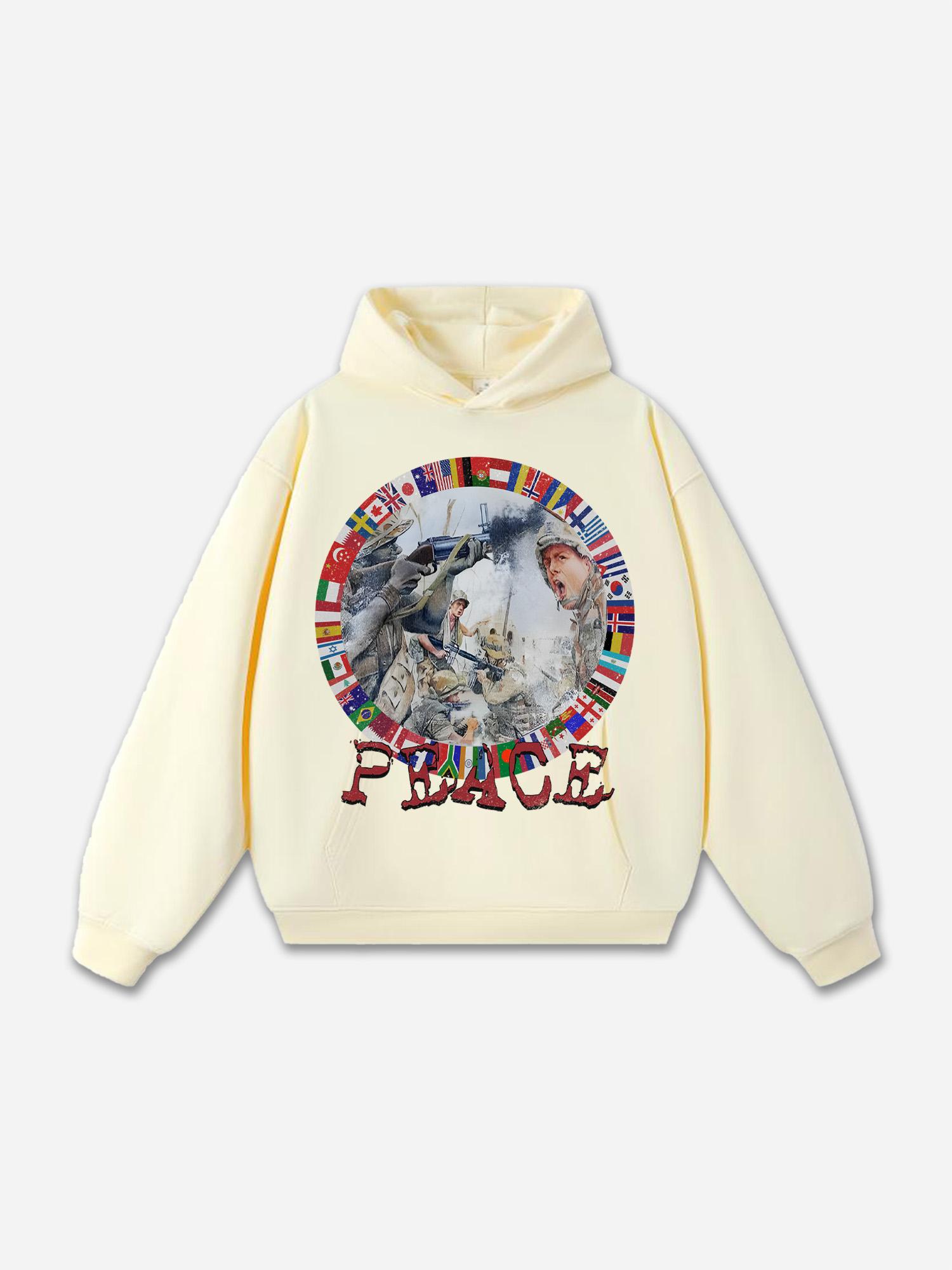 Fashion Peace In War Print Graphic Loose Hoodie Product Image