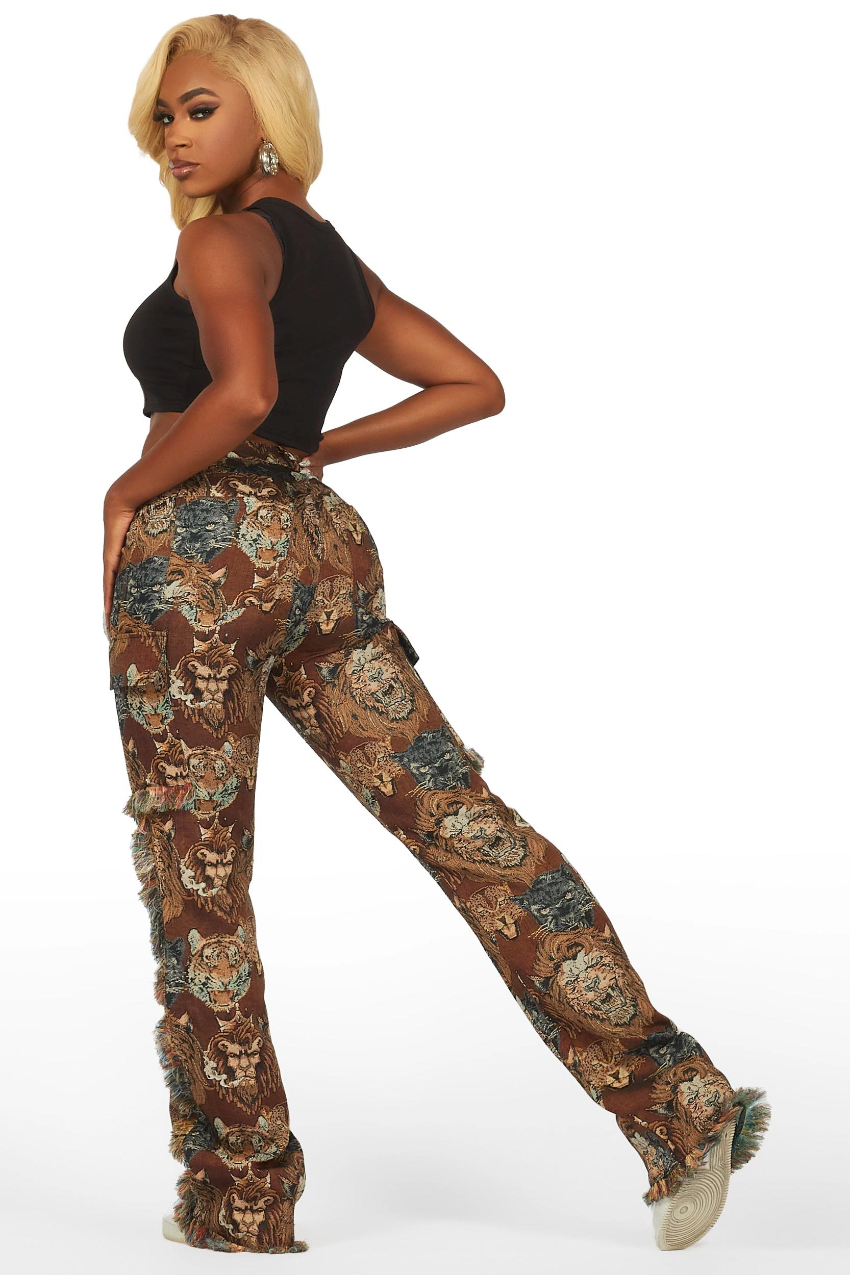Khadiyah Brown Animal Print Tapestry Stacked Pant Female Product Image