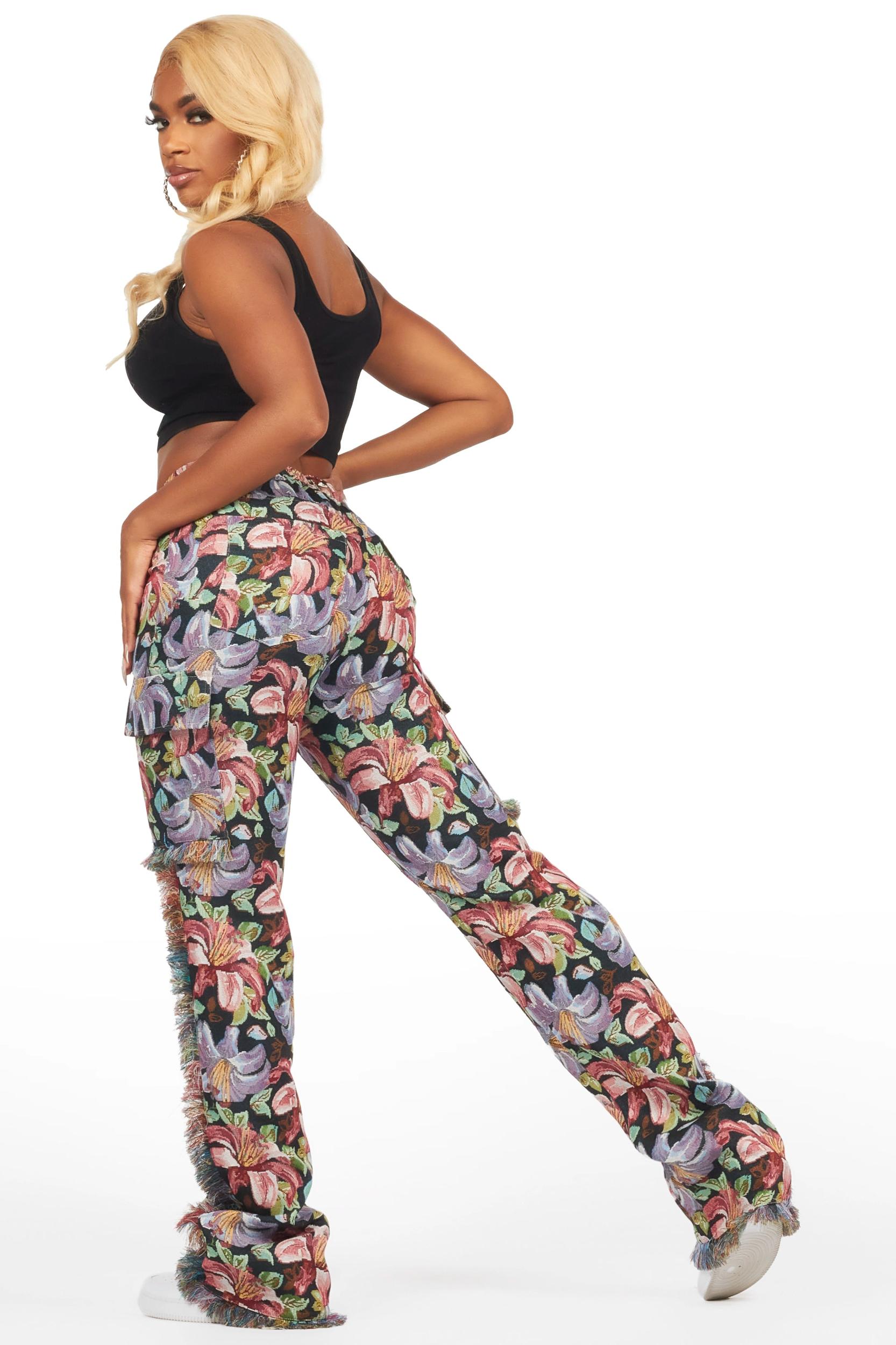 Tykima Black Floral Cargo Tapestry Stacked Pant Female Product Image