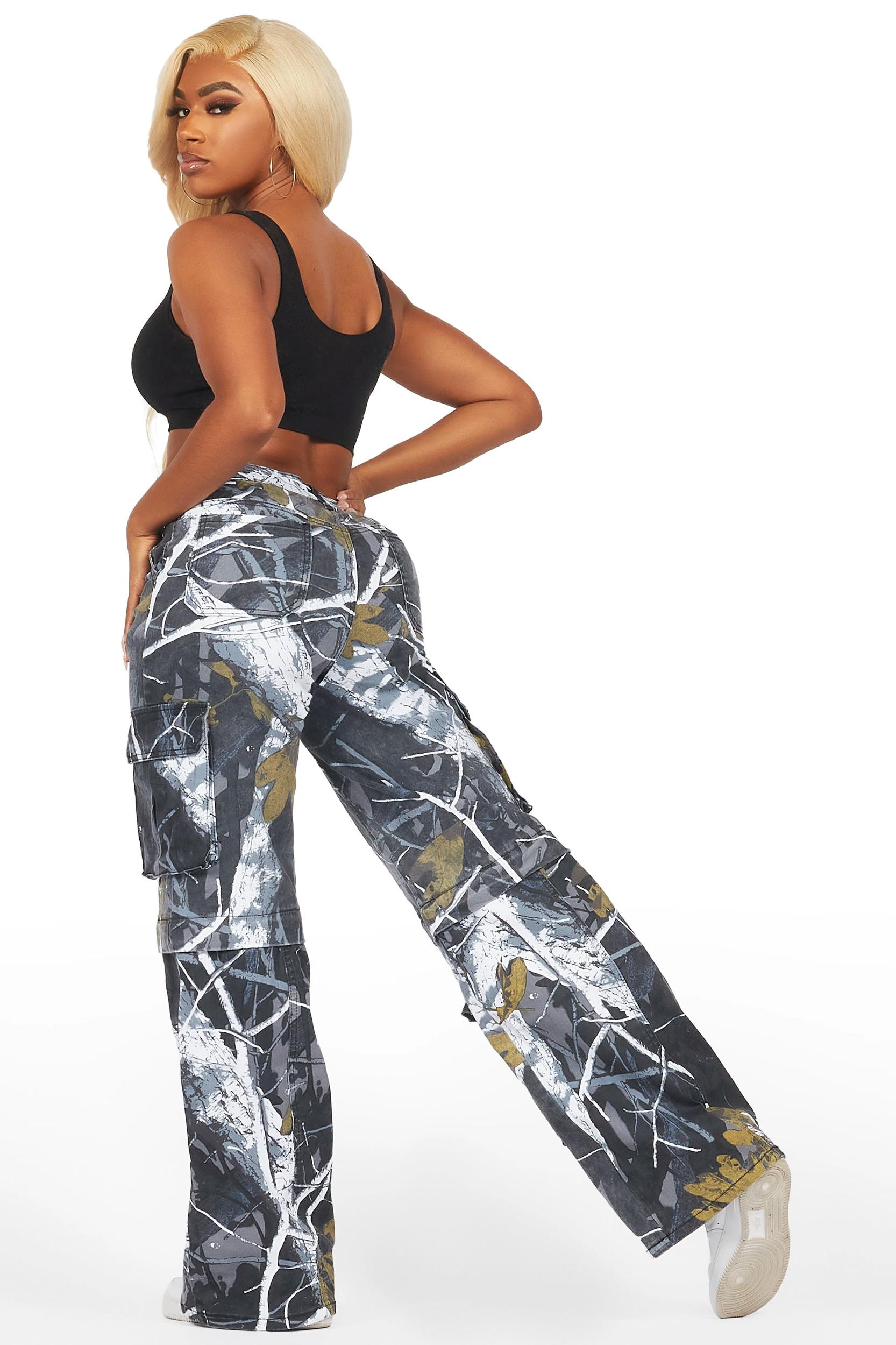 Precious Black Tree Camo Baggy Stacked Jean Female Product Image