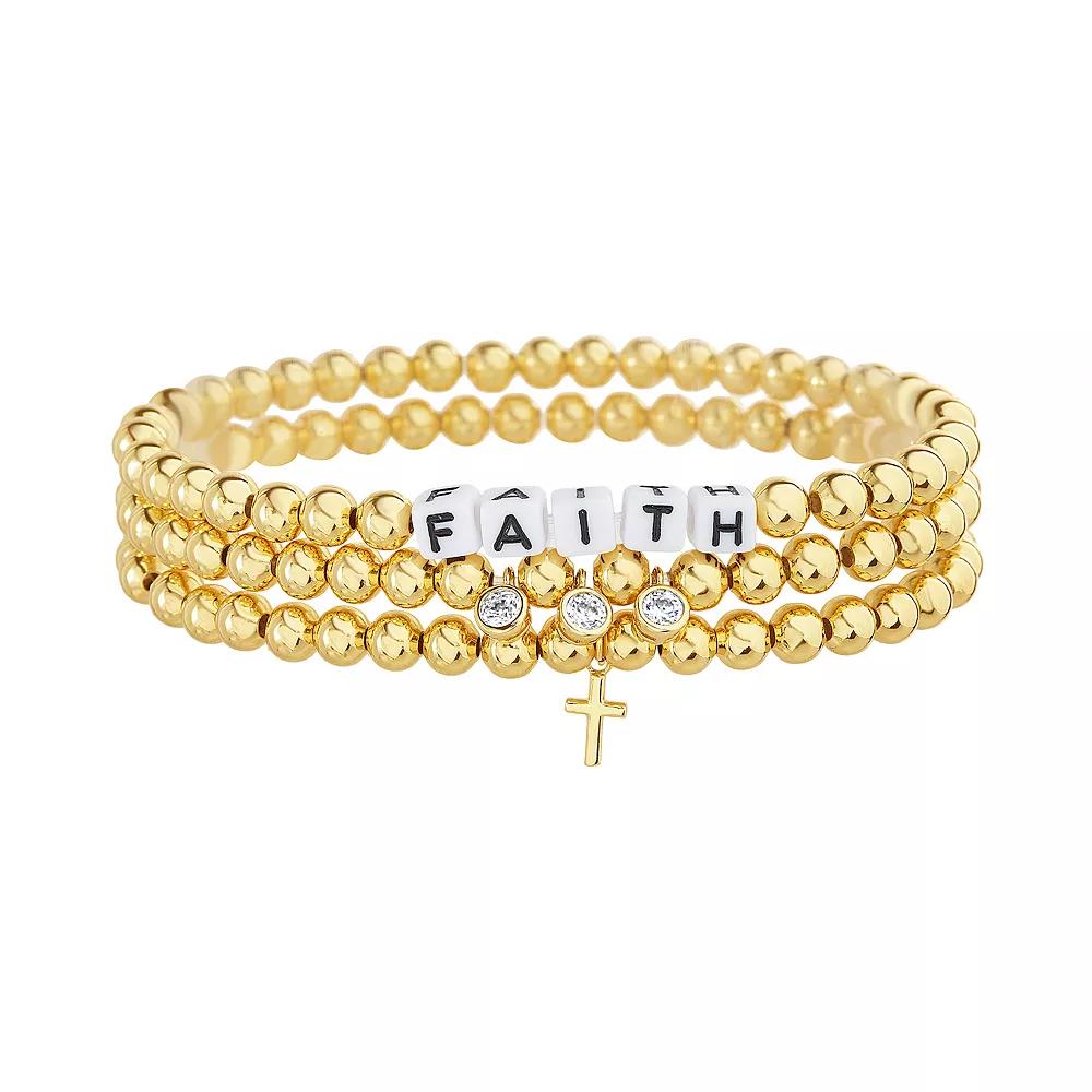Guided by Faith 14k Gold Plated Beaded "Faith" 3-Piece Stretch Bracelet Set with Cross & Cubic Zirconia Charms, Women's, Size: 7.5", Gold Tone Product Image
