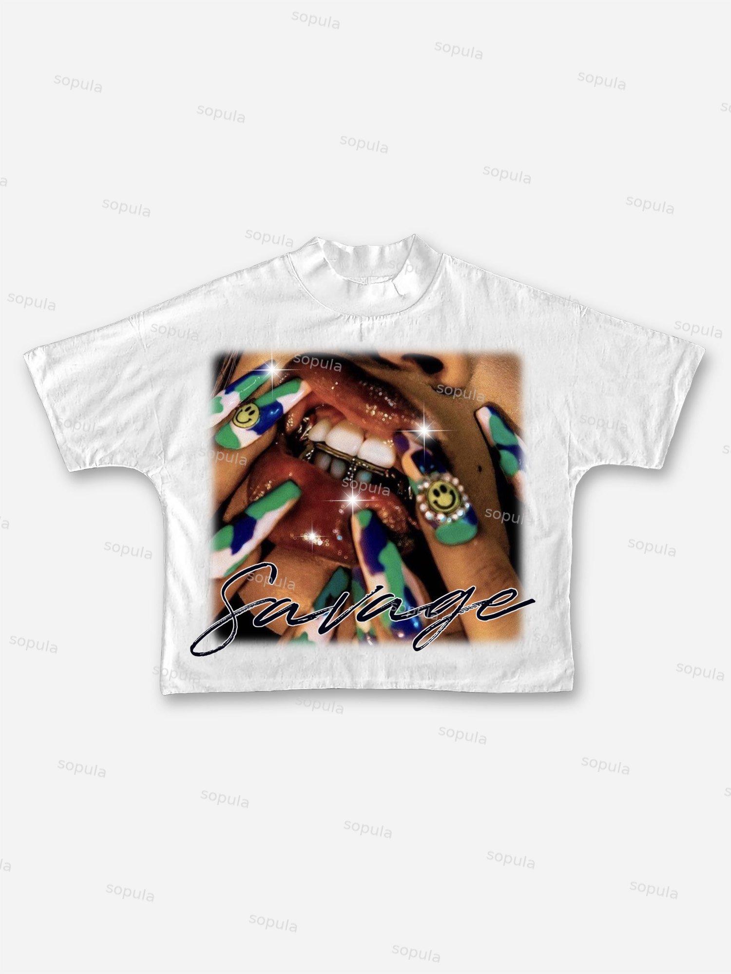 Sopula Savage Street Lips Nail Art Teeth Y2k Graphic Cropped T-shirt Product Image