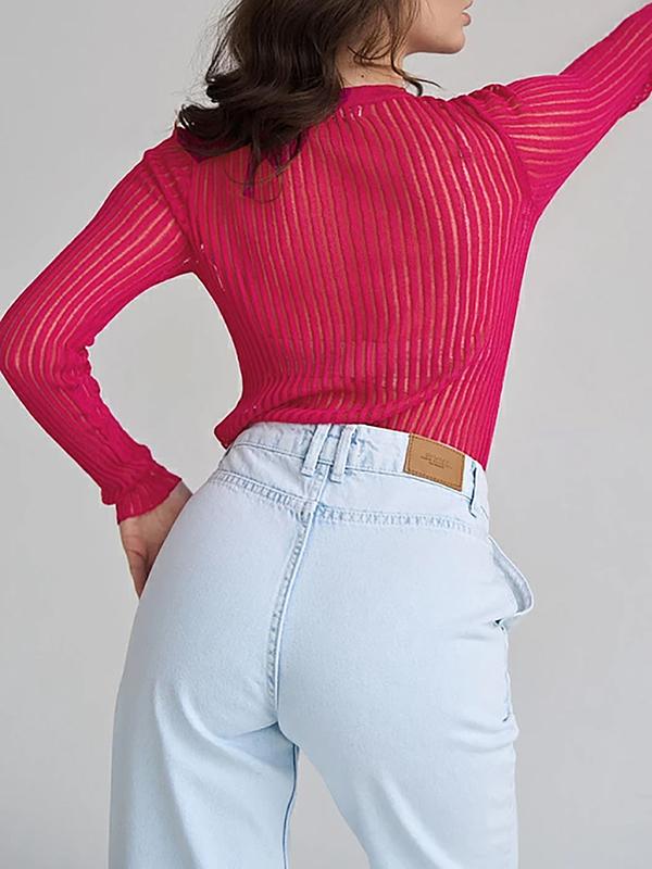 Long Sleeves Skinny See-Through Split-Joint Round-Neck T-Shirts Product Image