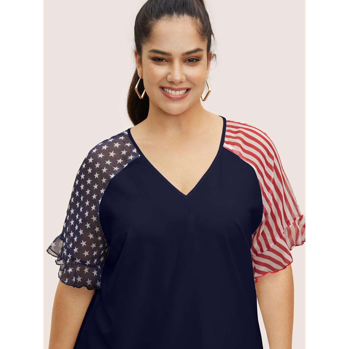 Plus Size Midnight Star & Striped Ruffles Raglan Sleeve Blouse Women Casual Short sleeve V-neck Everyday Blouses BloomChic 10/M Product Image