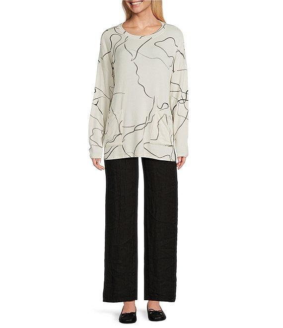 M Made in Italy Printed Knit Scoop Neck Drop Shoulder Long Sleeve Tunic Product Image