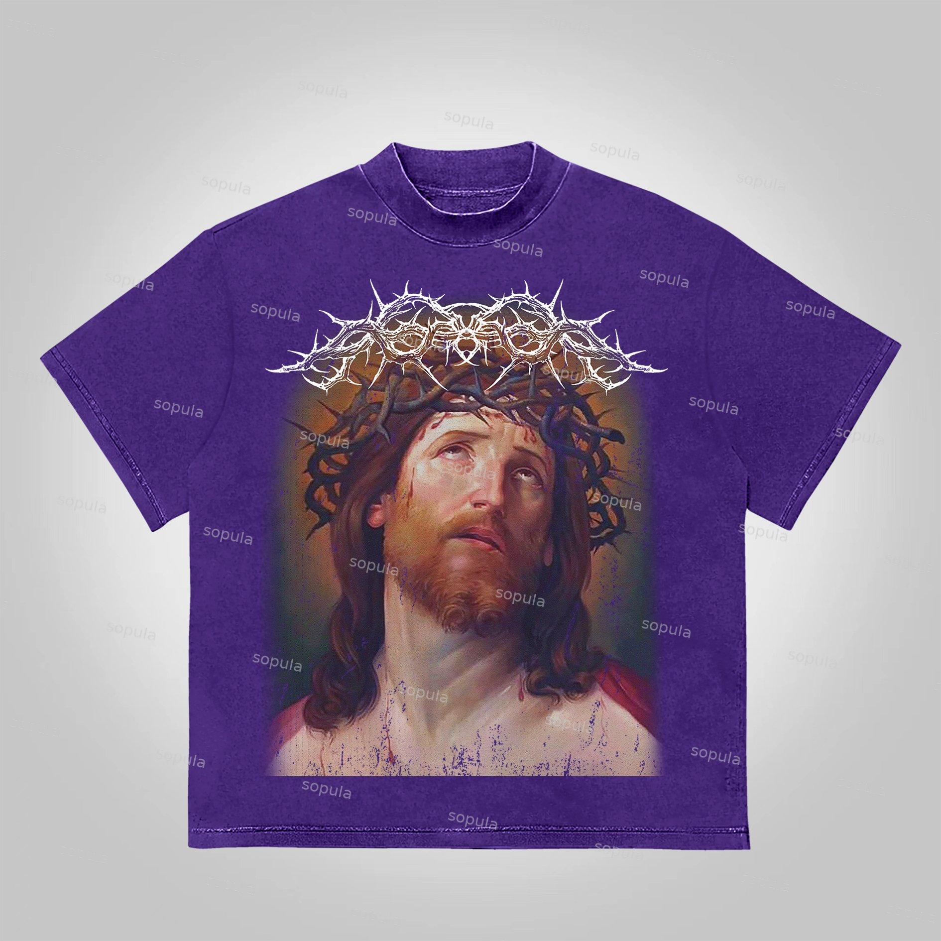 Sopula Vintage Jesus Portrait Graphic Bible Print Cotton T-Shirt Product Image