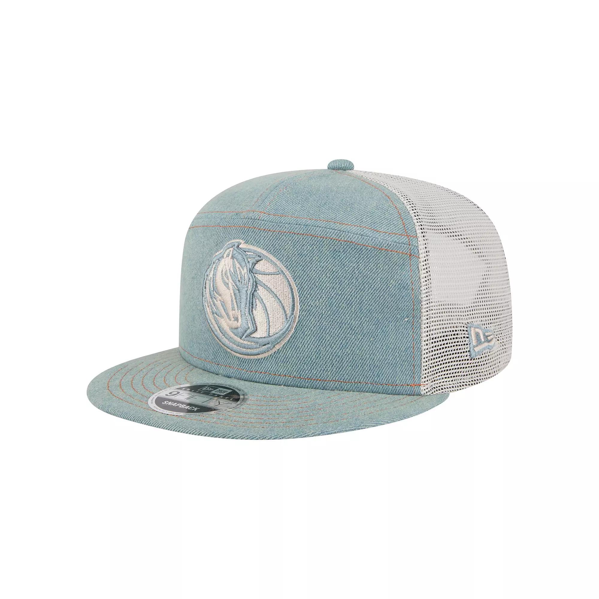 Men's New Era Dallas Mavericks Adventure Denim Split Panel 9FIFTY Snapback Trucker Hat, Turquoise A Product Image