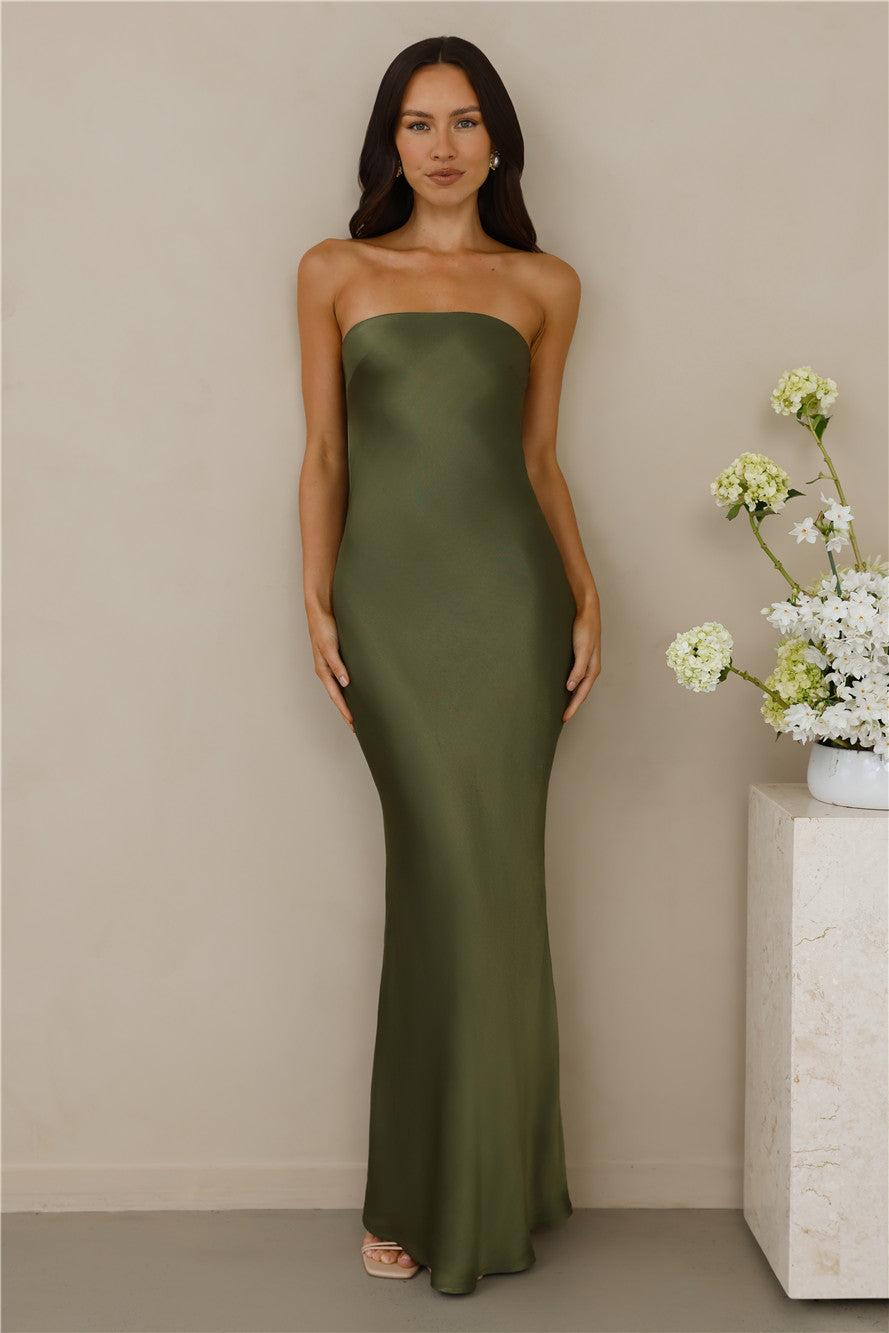 The Felicity Strapless Satin Maxi Dress Olive Product Image
