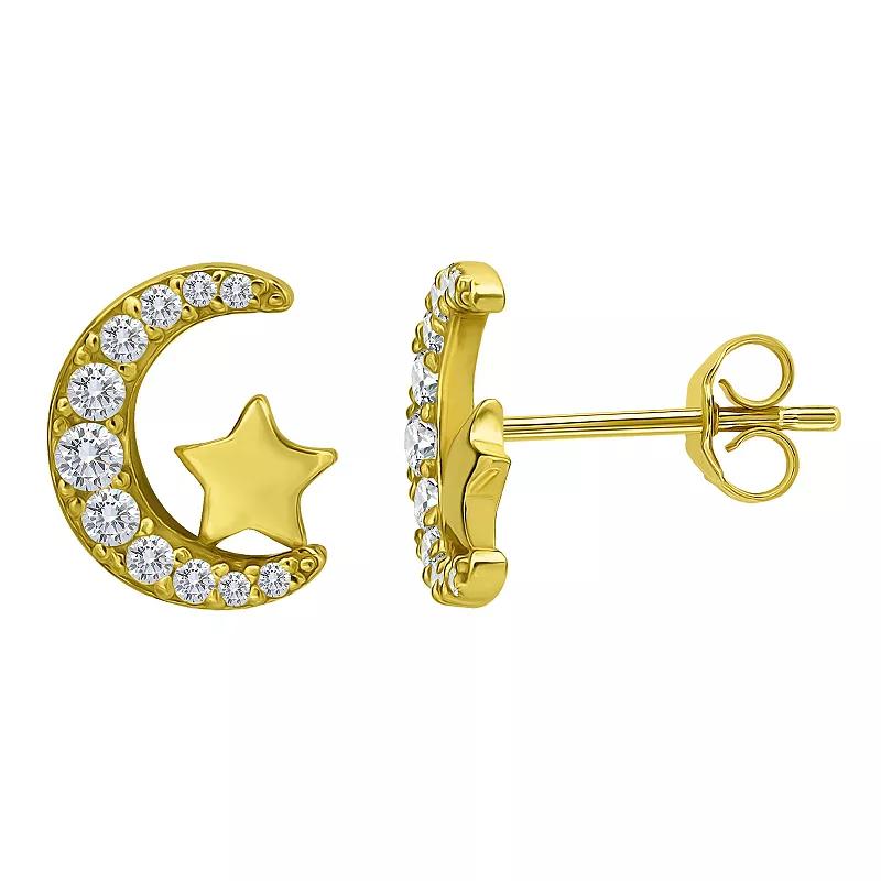 Aleure Precioso Sterling Silver Cubic Zirconia Moon & Star Stud Earrings, Women's, Gold Tone Product Image