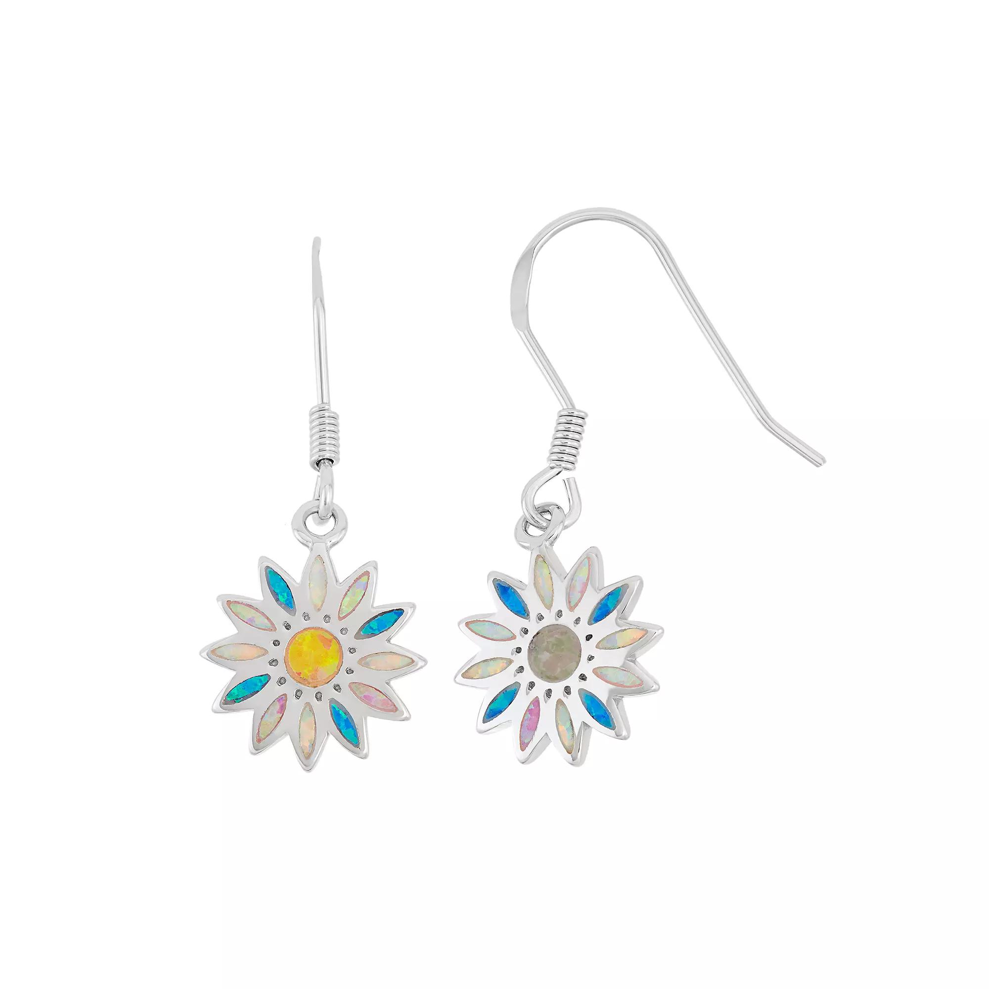 Sterling Silver Lab-Created Opal Daisy Drop Earrings, Women's, Multicolor Product Image