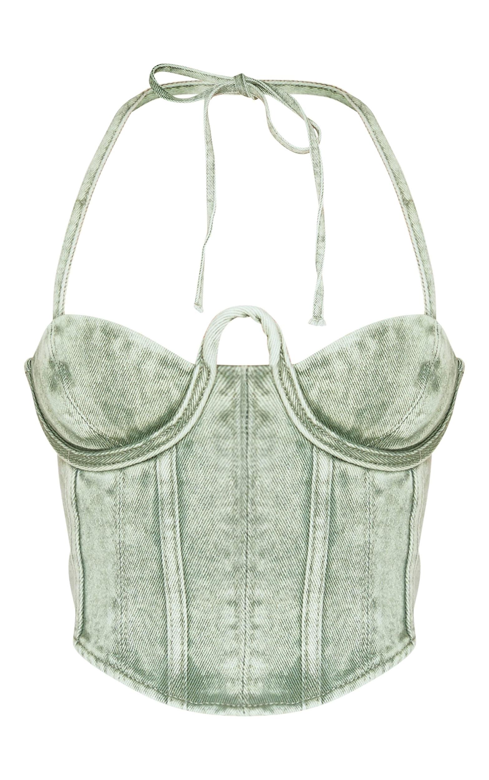 Petite Washed Green Denim Seam Detail Corset Product Image