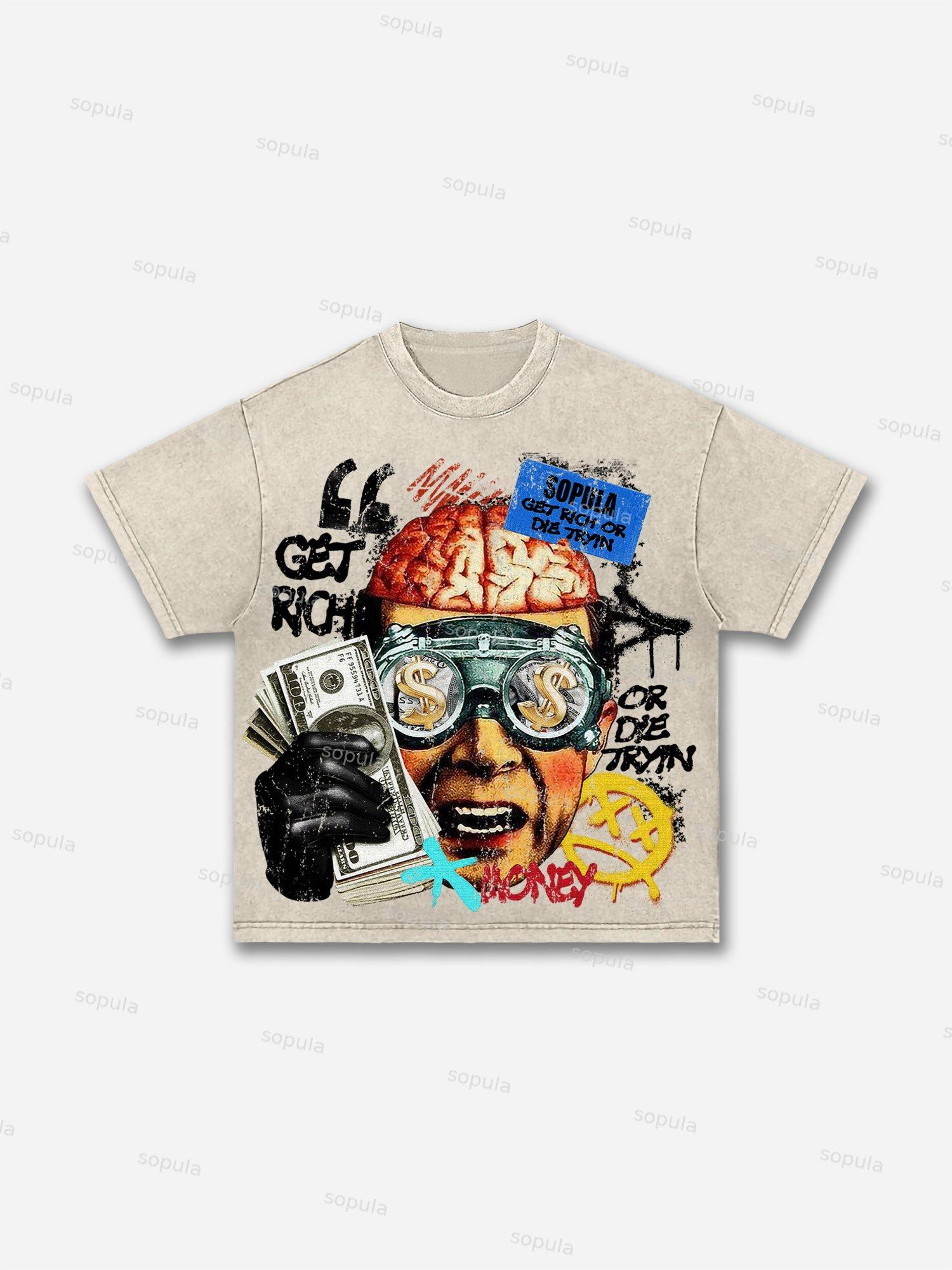 Get Rich Money Portrait Print Acid Wash T-shirt Product Image