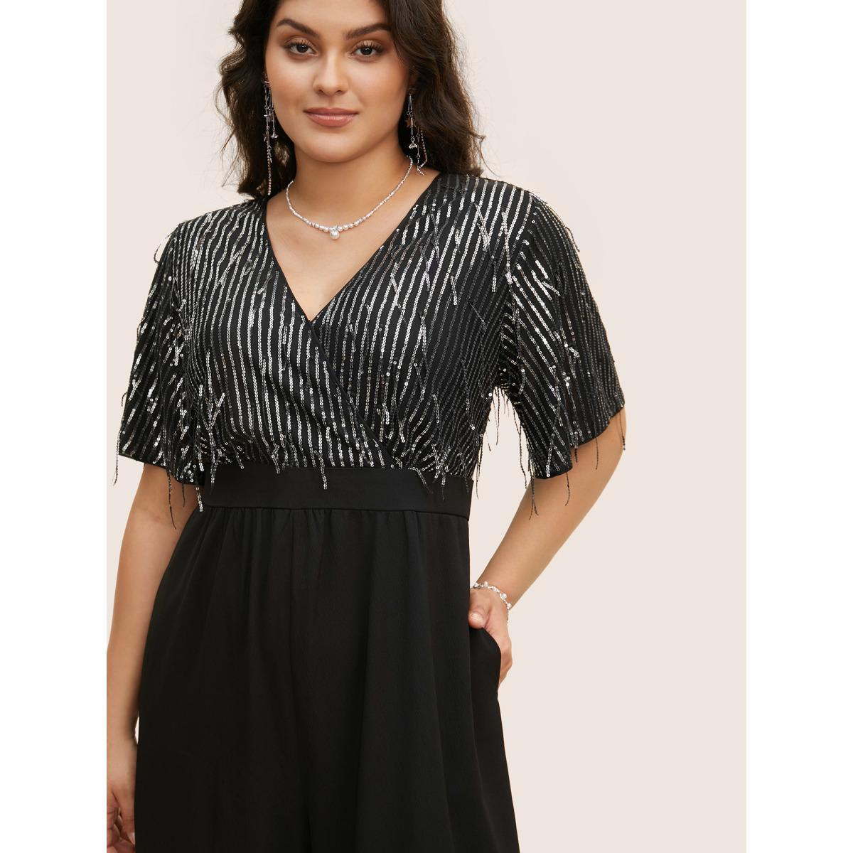 Plus Size Black V Neck Sequins Tassel Detail Wrap Jumpsuit Women Cocktail Short sleeve V-neck Party Loose Jumpsuits BloomChic 18-20/2X Product Image