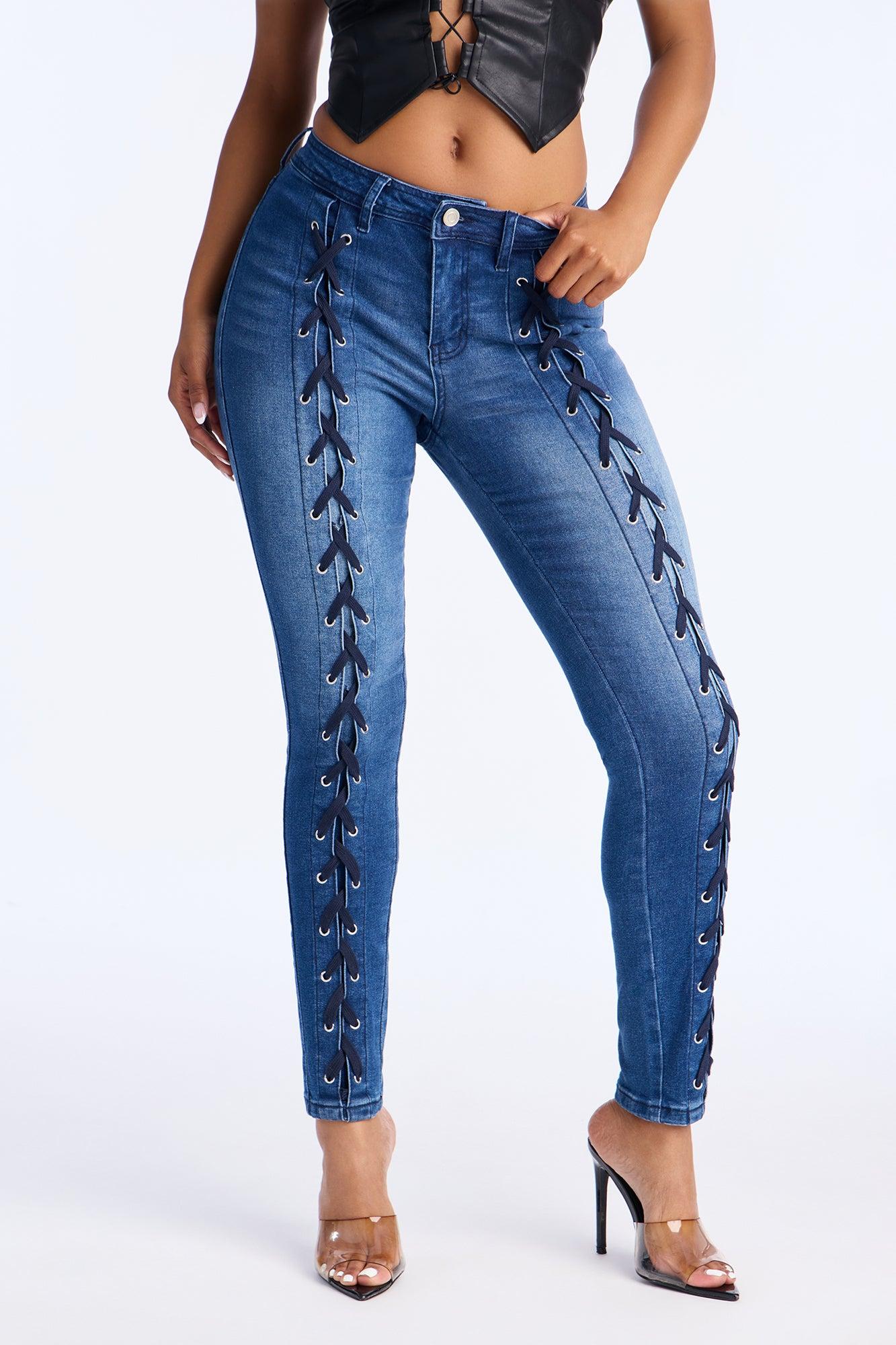 Look This Way Lace Up Skinny Jeans - Dark Wash Female Product Image