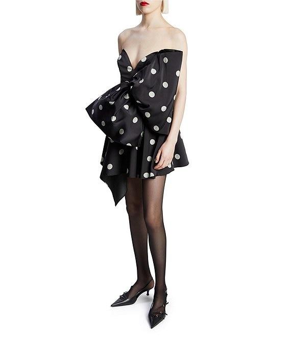 Bardot Brydie Dotted Print Strapless Sweetheart Neck Striking Bow Asymmetrical Hem Fit & Flare Mini Dress Product Image