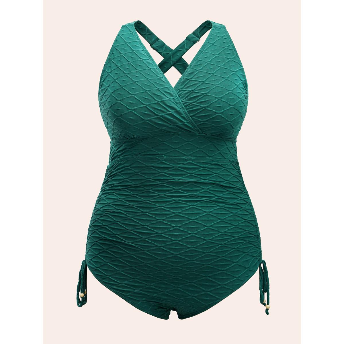 Plus Size Geo Plisse Drawstring Side One Piece Swimsuit Women's Swimwear Emerald Beach Non Curve Bathing Suits High stretch One Pieces BloomChic 10/M Product Image