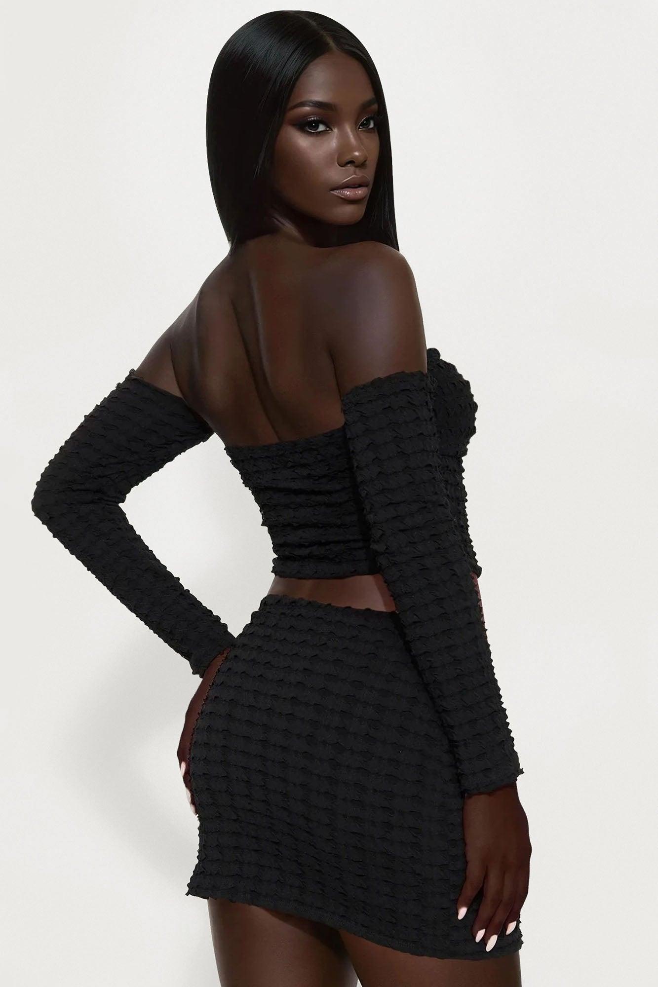A Bit Dramatic Textured Mini Skirt Set - Black Product Image