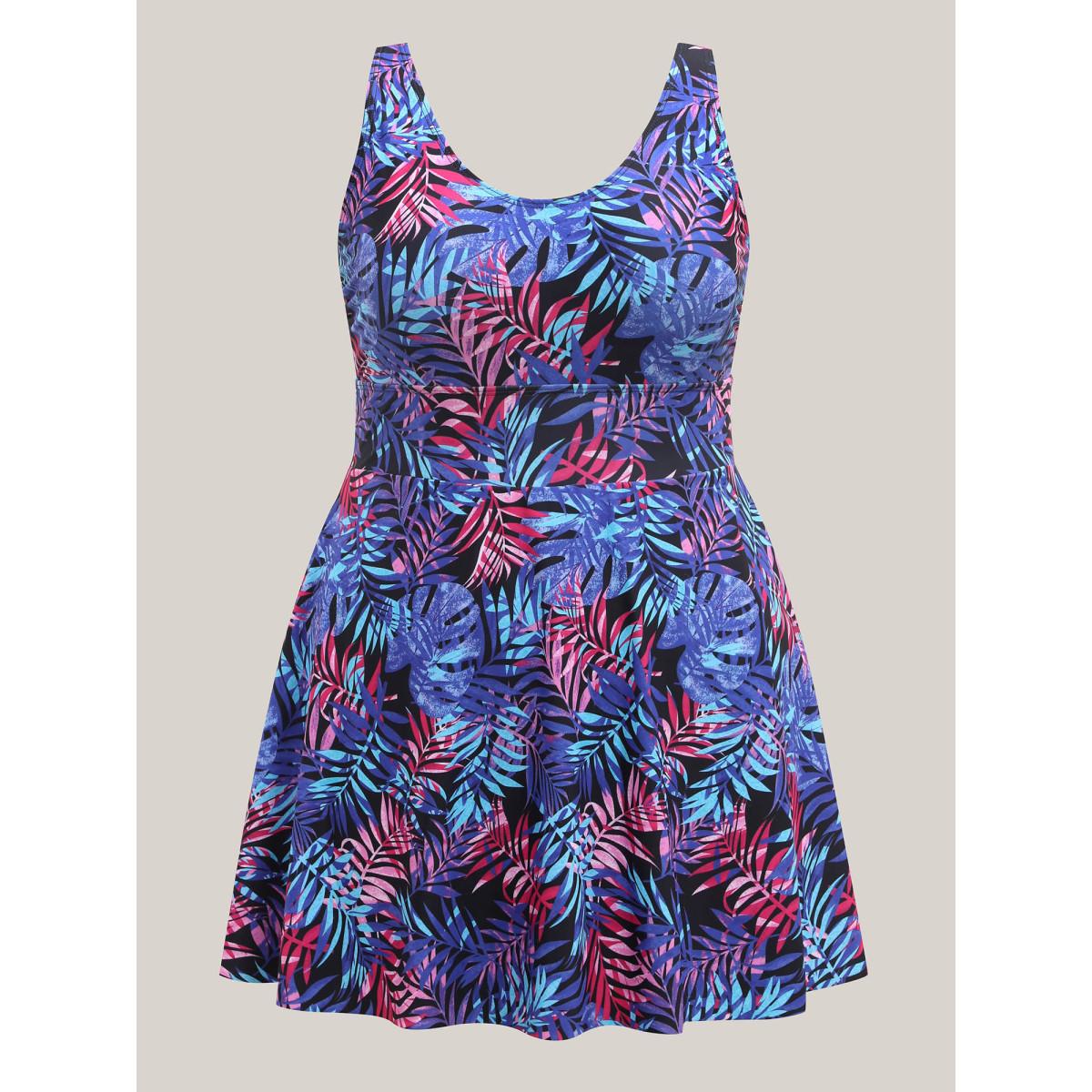 Plus Size Tropical Floral Print Split Swim Dress Women's Swimwear Navy Beach Bodycon U-neck High stretch Curve Swim Dresses BloomChic 26/4X Product Image
