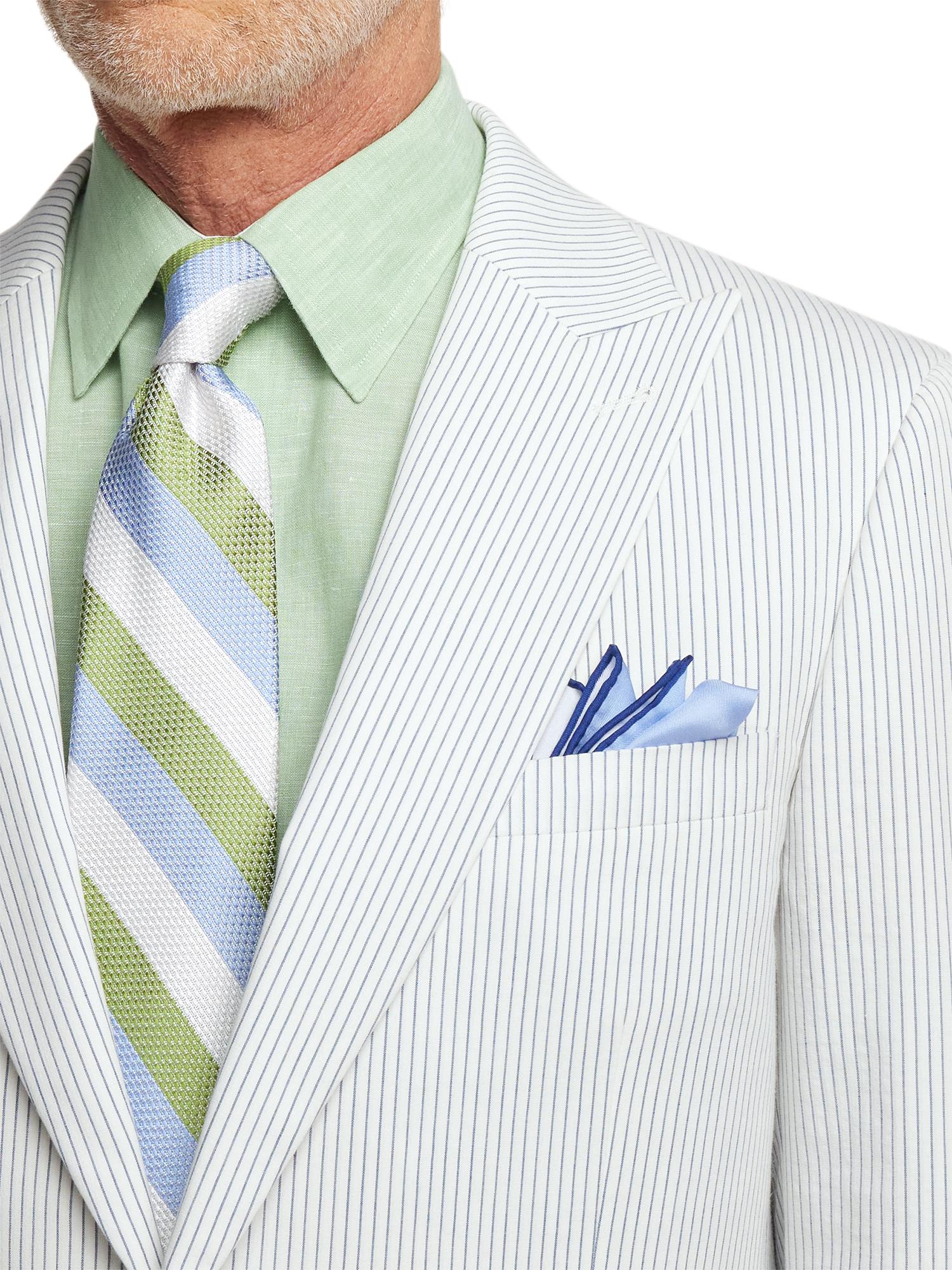 Cotton Stretch Stripe Seersucker Peak Lapel Suit - White/blue Product Image