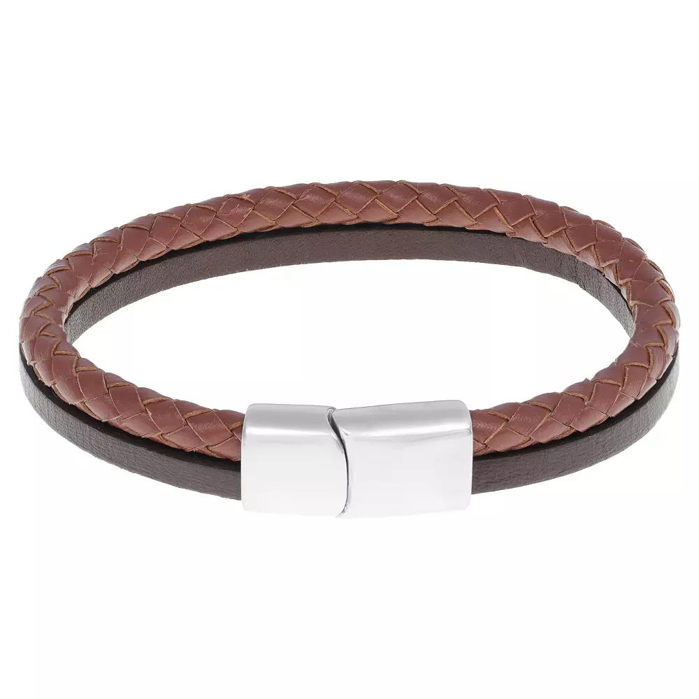 Men's LYNX Stainless Steel & Two-Tone Leather Bracelet, Size: 8.5" Product Image