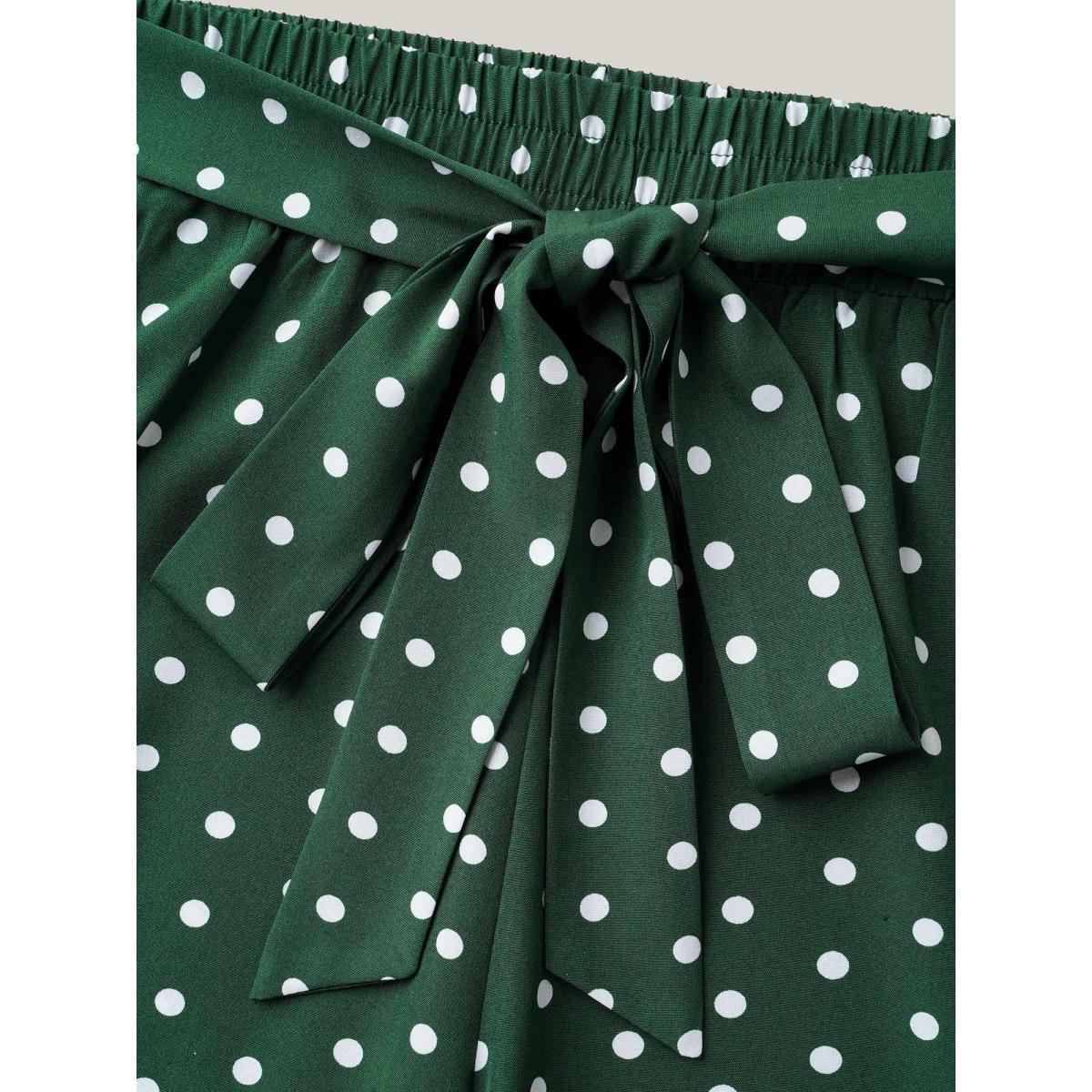 Plus Size Polka Dots Tied Wide Leg Pants Women DarkGreen Elegant Wide Leg Mid Rise Everyday Pants BloomChic 18-20/2X Product Image