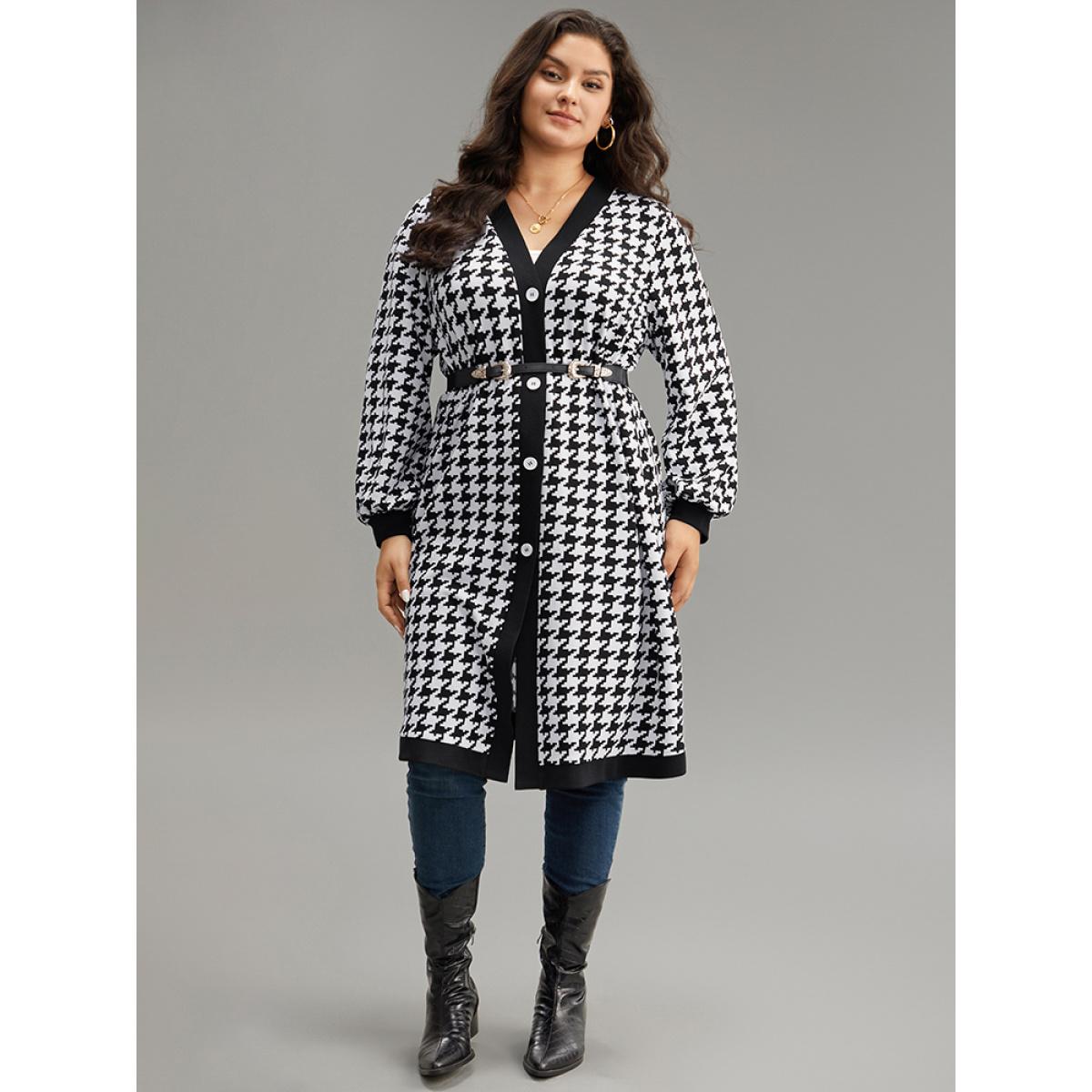 Plus Size Houndstooth Button Through Contrast Trim Jacket Women Black Contrast Dailywear Jackets BloomChic 12/L Product Image