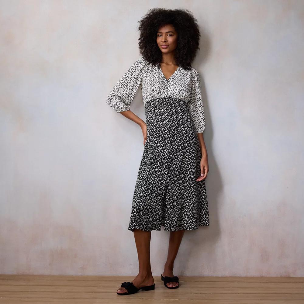 Petite LC Lauren Conrad V-Neck Button Front Midi Dress, Women's, Size: Large Petite, Black Cr Heart Swirl Product Image