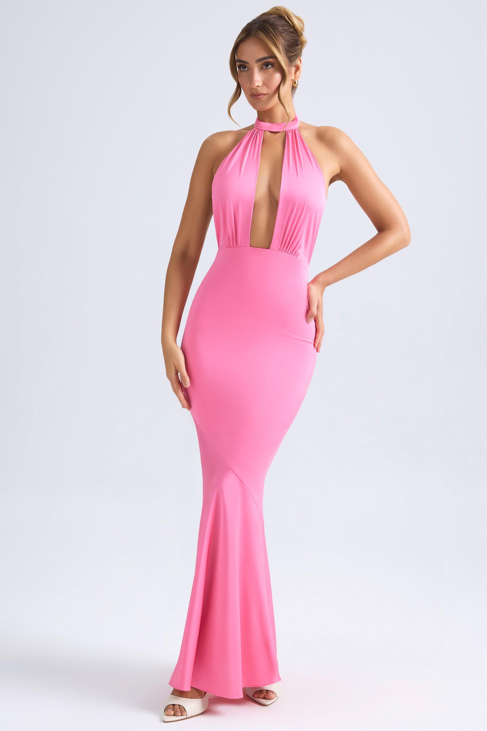 Halterneck Fishtail Gown in Hot Pink Product Image