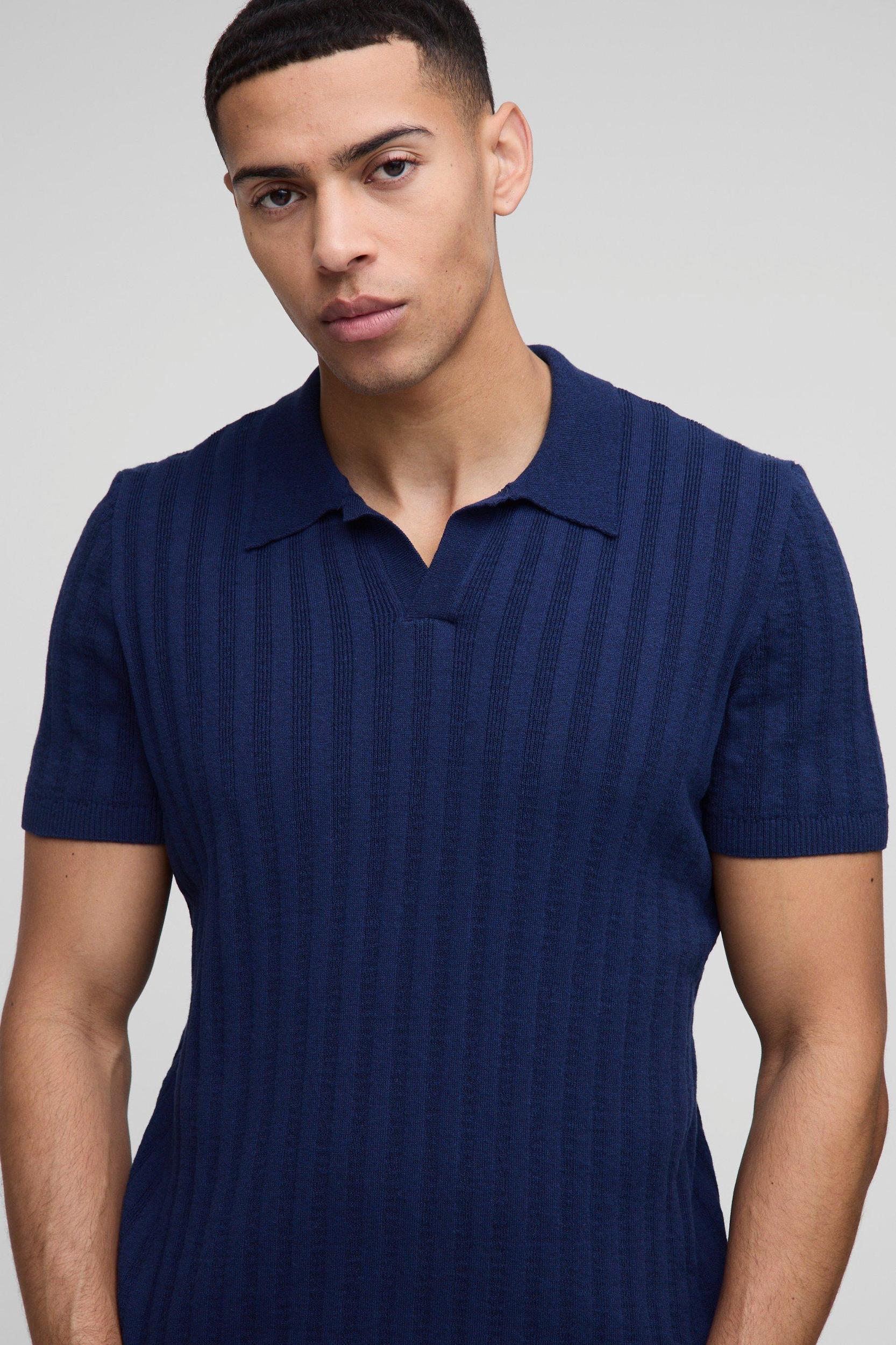 Regular Ribbed Panel Knitted Polo | boohooMAN USA Product Image
