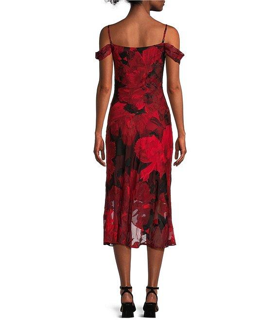 I.N. San Francisco Floral Print Cowl Neck Spaghetti Strap Cold Shoulder Midi Side Slit Dress Product Image