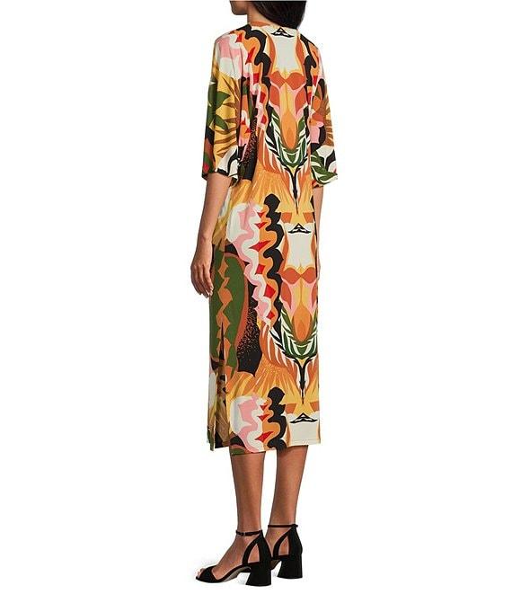 Eva Varro Abstract Leaf Print V-Neck Elbow Sleeve Dress Product Image