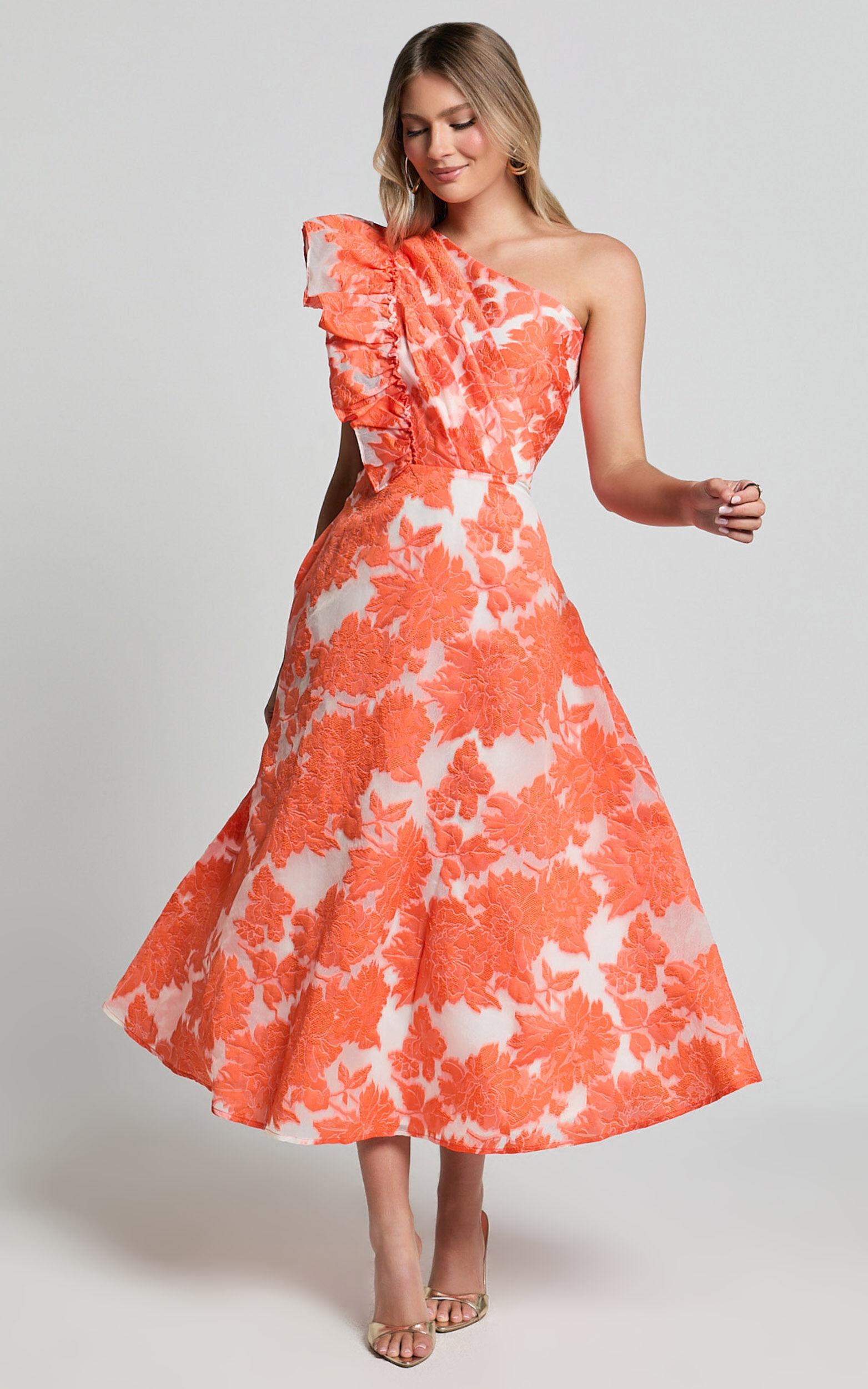 Alfreda Midi Dress - One Shoulder Ruffle Detail Brailey Jacquard Dress in Orange Jacquard Product Image