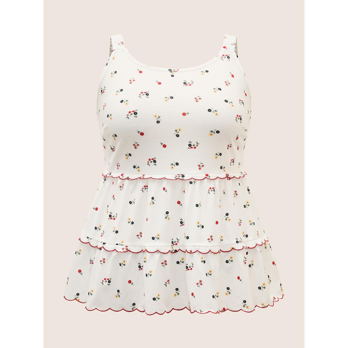 Plus Size Ditsy Floral Tiered Hem Scalloped Trim Cami Top Women Originalwhite Elegant Contrast Non Everyday Tank Tops Camis BloomChic 18-20/2X Product Image