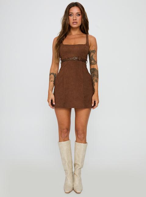Way Back In Faux Suede Mini Dress Brown Product Image