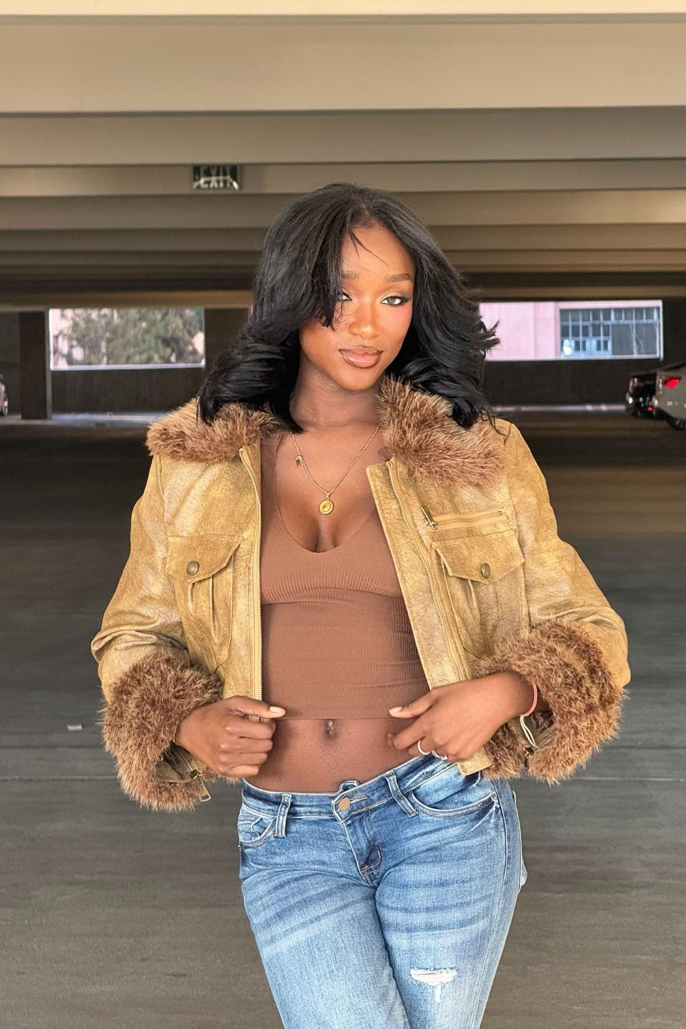 Caught Off Guard Washed Faux Leather Jacket - Cognac Product Image