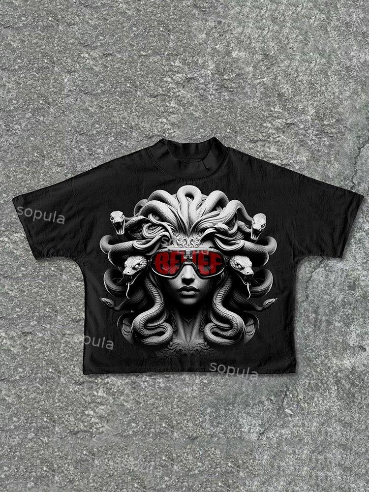 Sopula Medusa Faith Mixed-Colored Retro Graphics Cotton Cropped T-Shirts Product Image
