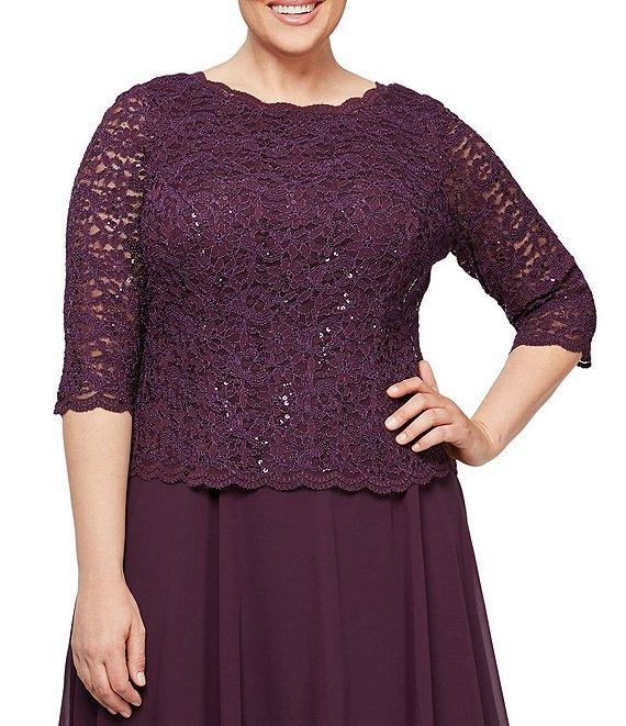 Alex Evenings Plus Size Sequin Lace 3/4 Illusion Sleeve Scallop Round Neck Bodice Chiffon Skirted Dress Product Image