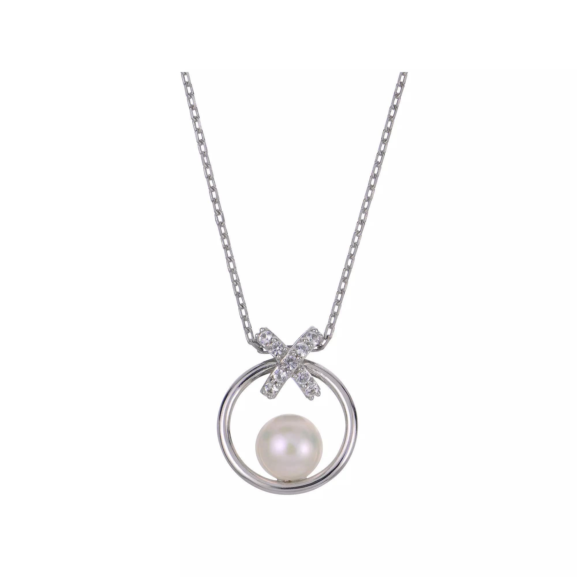 PearLustre by Imperial Sterling Silver Freshwater Cultured Pearl & Lab-Created White Sapphire Bow Necklace, Womens Product Image