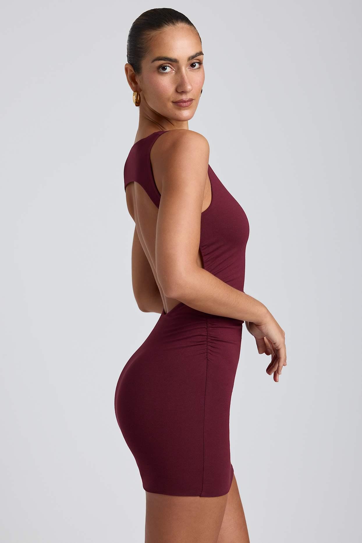 Modal High-Neck Open-Back Mini Dress in Plum Product Image