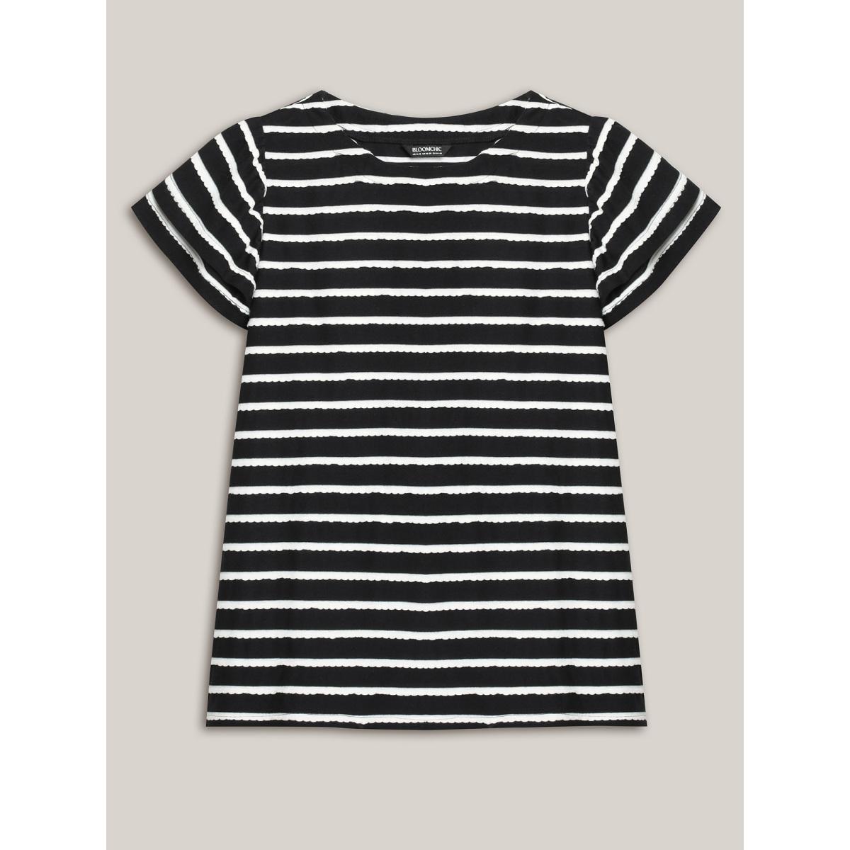 Plus Size Stripe Textured Lotus Leaf Sleeve T-Shirt Black Women Texture Round Neck Everyday-Casual T-shirts BloomChic 22-24/3X Product Image