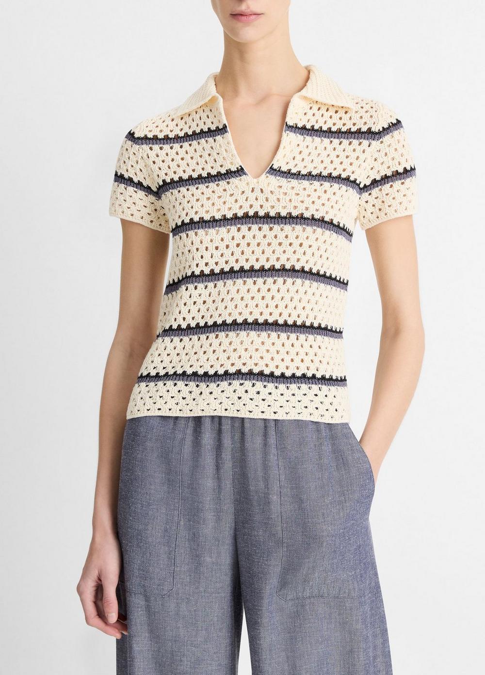 Striped Macramé Cotton Polo Sweater Product Image