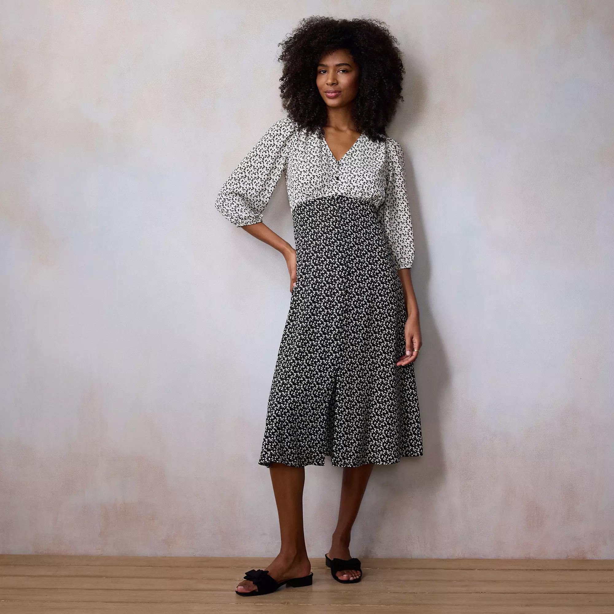 Petite LC Lauren Conrad V-Neck Button Front Midi Dress, Women's, Size: Large Petite, Black Cr Heart Swirl Product Image