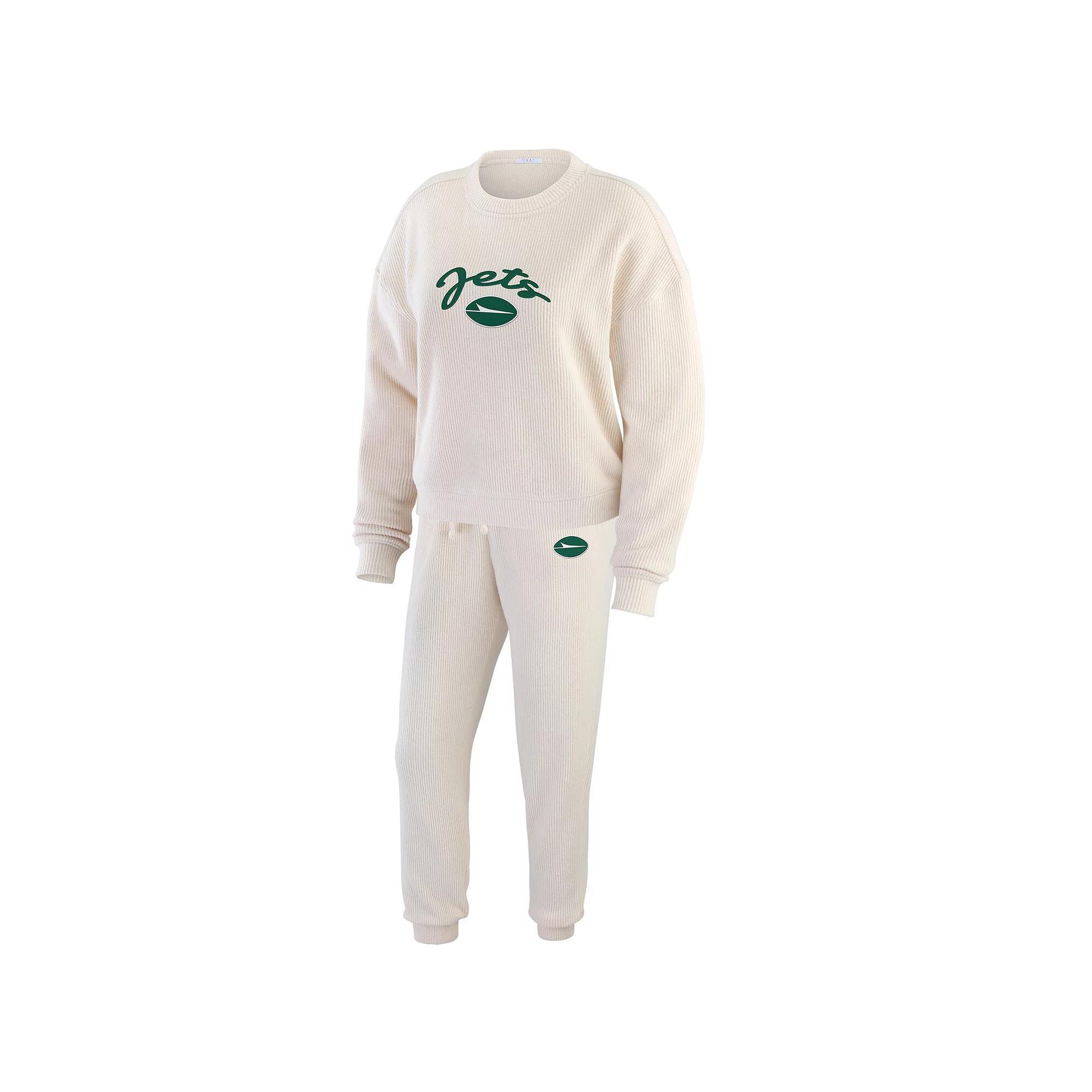 Women's WEAR by Erin Andrews  Oatmeal New York Jets Rib-Knit Long Sleeve T-Shirt & Pants Lounge Set, Size: 2XL, Team Product Image