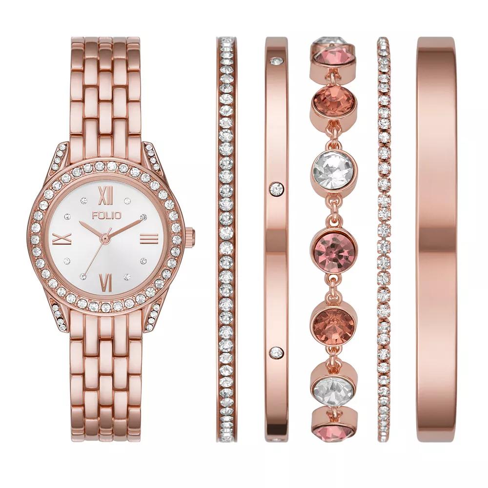 Folio Womens Rose Gold Tone with Silver Dial Watch & Stackable Bracelet Set Product Image