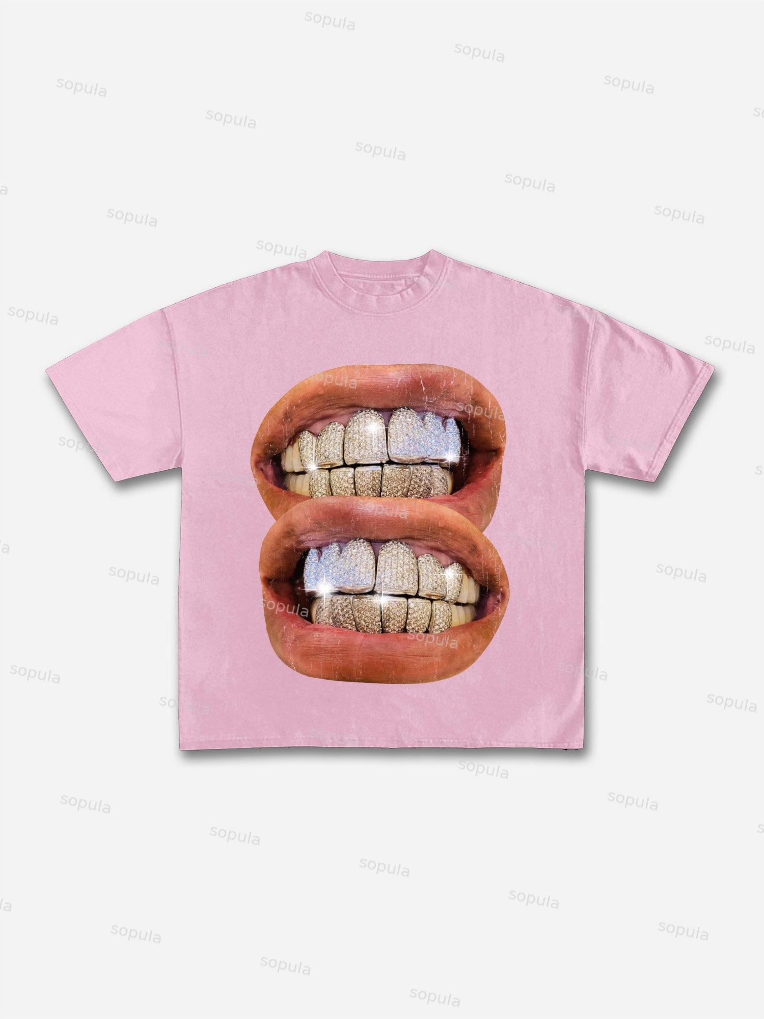Street Vintage Diamond Braces Lip Graphic Cotton T-shirt Product Image