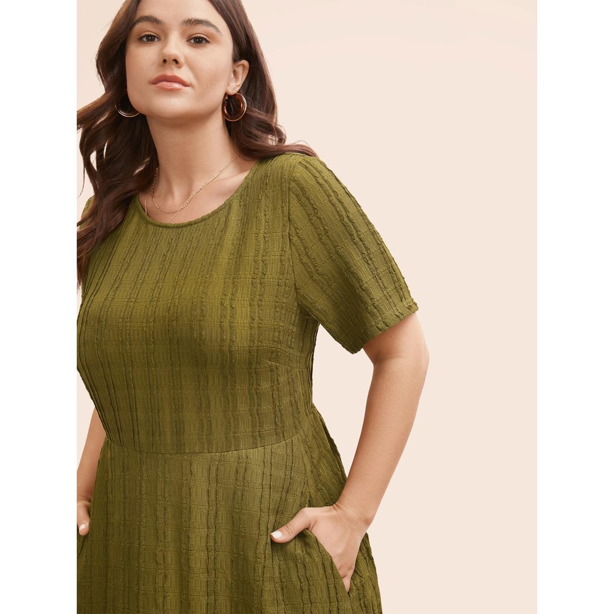 Plus Size Solid Textured Crew Neck Midi Dress DarkGreen Women Elegant Tucked seam Round Neck Short sleeve Curvy BloomChic 22-24/3X Product Image
